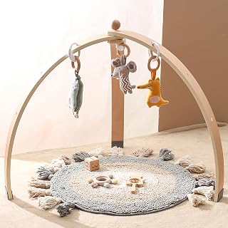 Baby Play Gym Wooden Baby Gym with 3 Infant Sensory Toys, Foldable Developmental Frame Activity Gym Hanging Bar Newborn Gift Baby Girl and Boy Gym for Babies to Toddler, 0-12 Months, Easy to Assemble