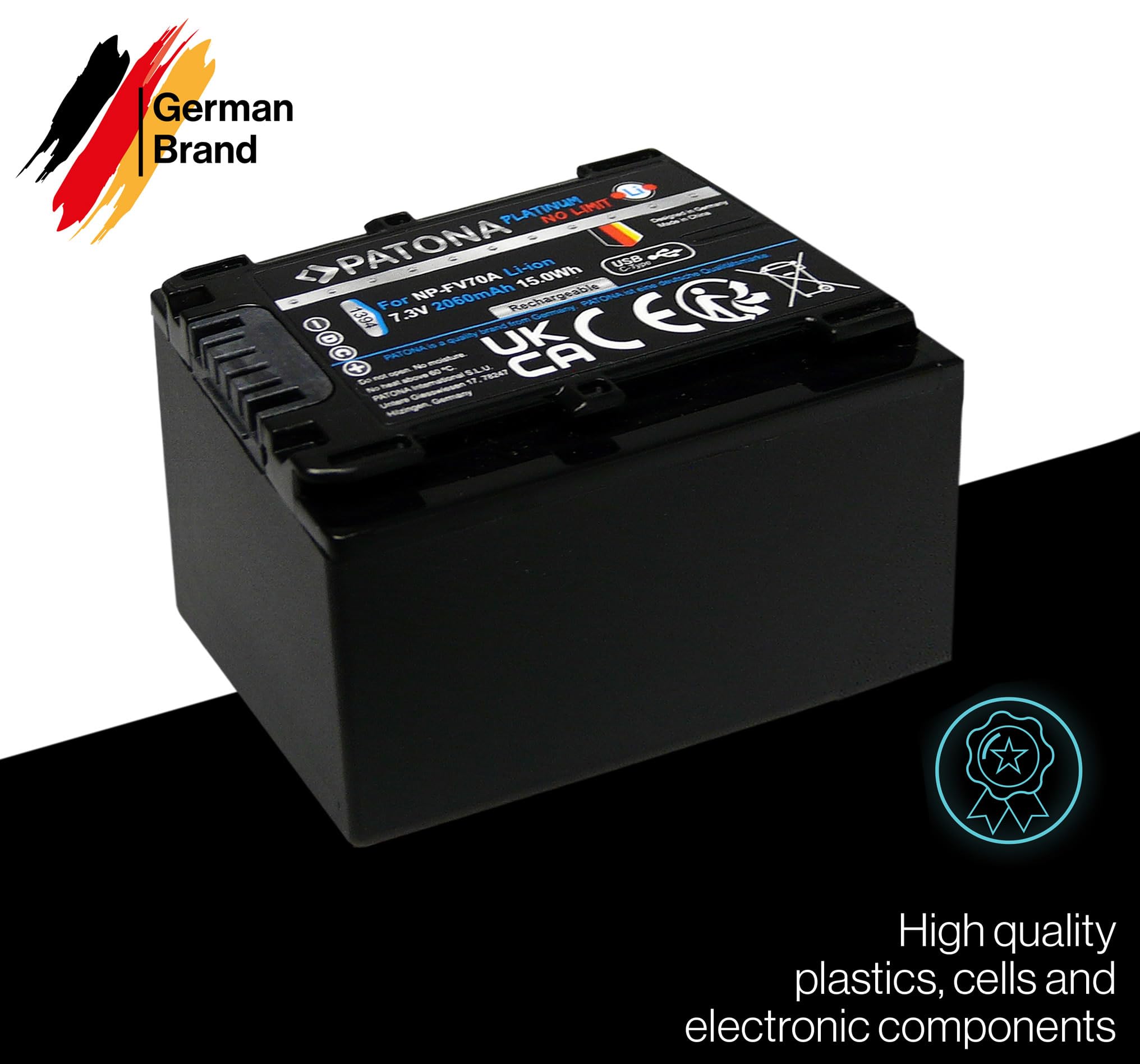 PATONA Platinum NP-FV70A Akku 2060mAh mit USB-C – Ersatz für Sony NP-FV30 FV40 FV50A FV70 FV90 FV100, NP-FH30–FH50 – für Handycam DCR/HDR-Camcorder – lädt ohne Ladegerät direkt am Kabel