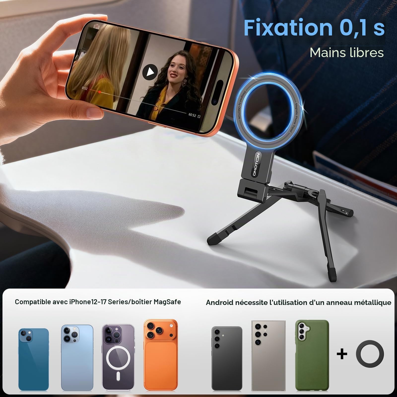 OMOTON TP03 Rotation à 360° pour trépied MagSafe, trépied magnétique ultrafin de 12mm avec vis et Crochet 1/4", pour iPhone 17/16/15 Pro Max, Support de téléphone pour vlog, Salle de Sport, Voyage
