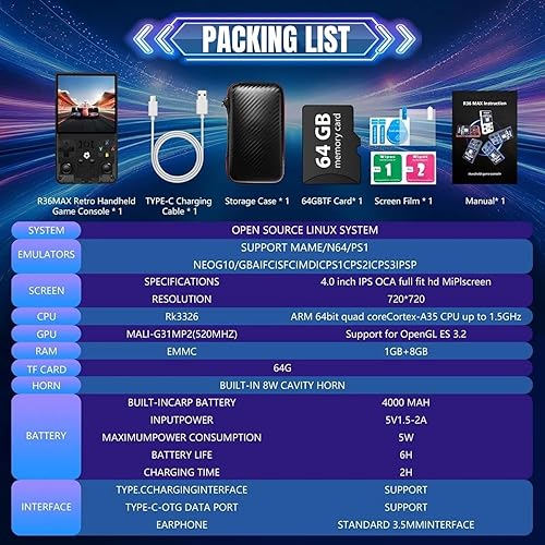 Miniatura 9 de Consola de juegos portátil retro R36MAX  Más de 18,000 juegos clásicos, pantalla IPS de 4.0 pulgadas, sistema Linux, almacenamiento de 64 GB, tu