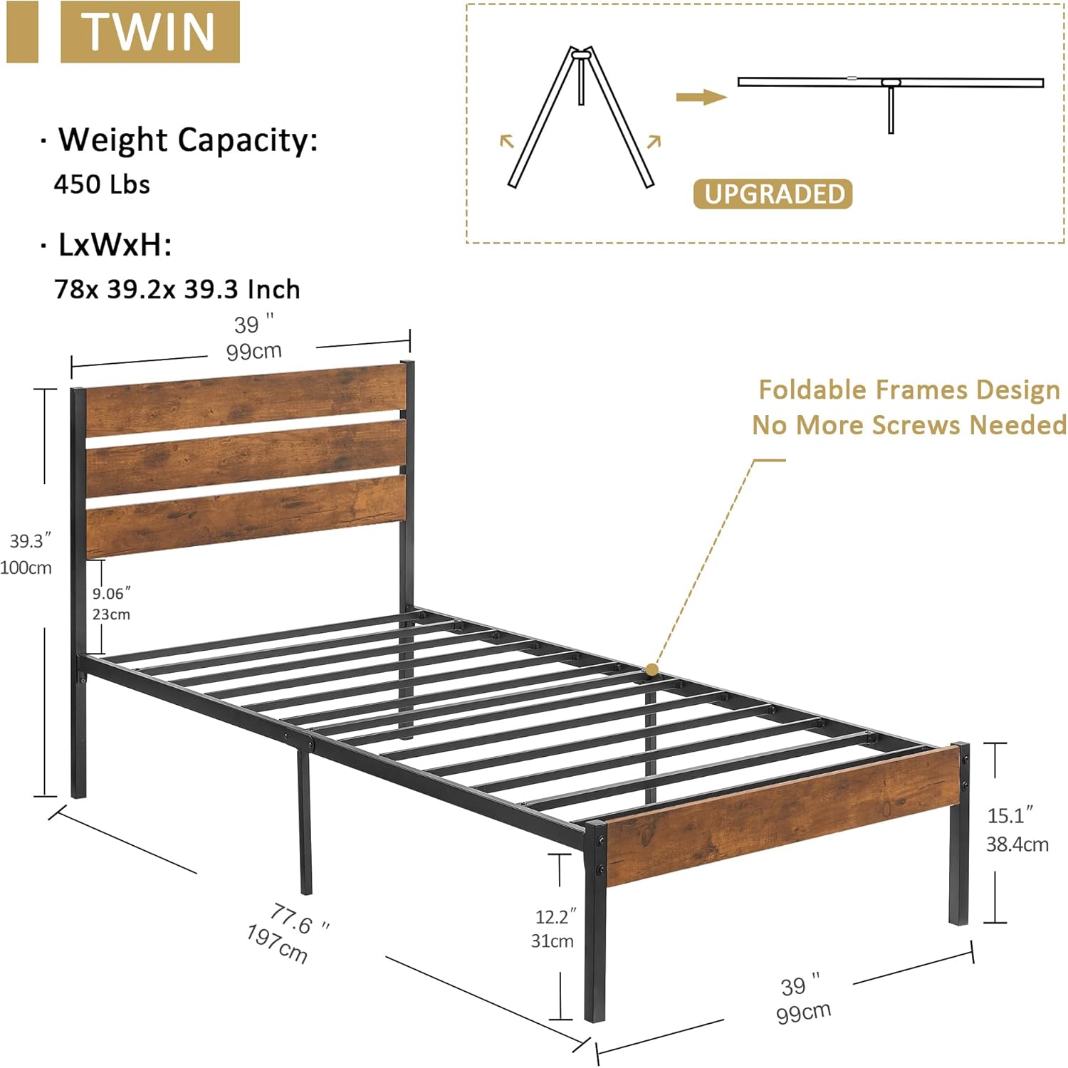 VECELO Twin Bed Frame with Wood Rustic Headboard, Easy Assembly Strong Metal Slats Support, No Box Spring Needed