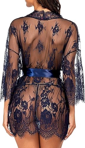 Miniatura 2 de Qopobobo Babydoll Lencería para mujer 2023 Kimono de encaje bata de manga larga lencería de malla vestido con cinturón