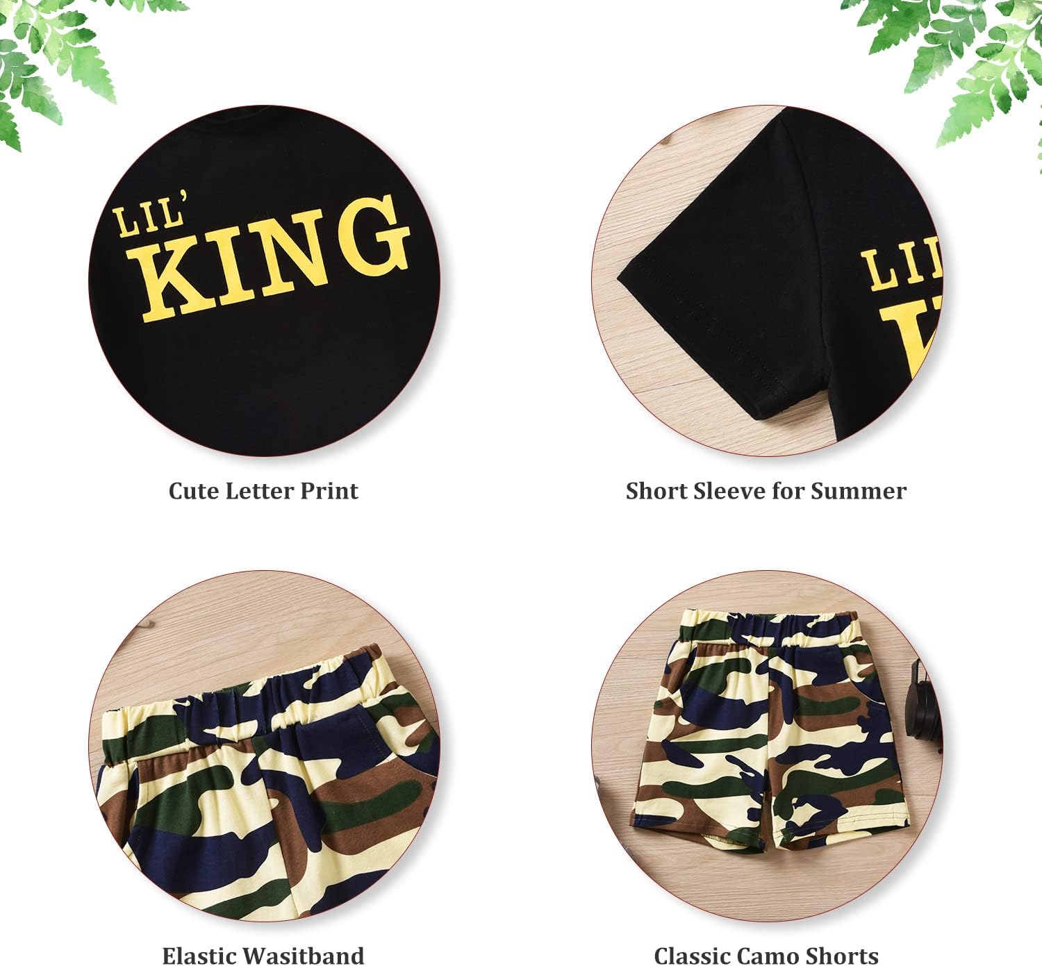 fioukiay Toddler Boy Summer Clothes Outfits Little Kids Short Sleeve Funny Letter Print T-Shirt Camo Shorts Clothing Set - Image 2