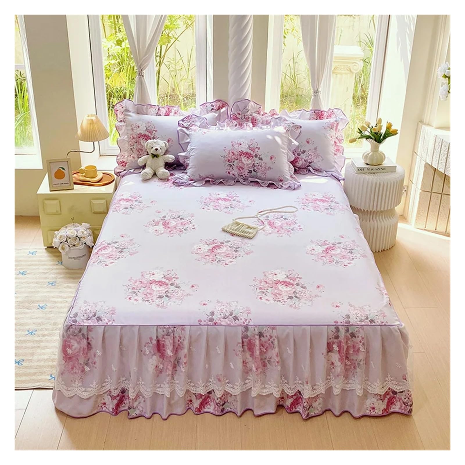 1pc Skin-friendly Bed Skirt Floral Style Bedspread Ruffles Bed Cover Mattress Protector No Pillowcase(Color-04,180x200cm 1pc)