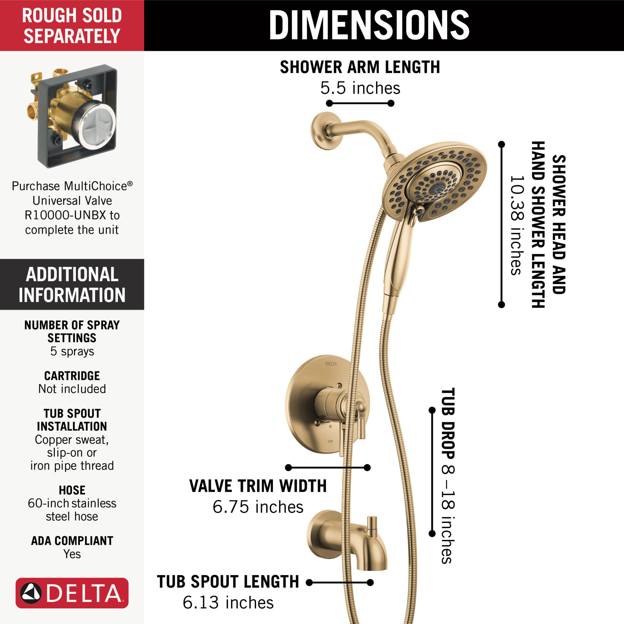 Delta Saylor 17 Series Duscharmatur-Set – Dual-Funktion Mit In2ition 2-in-1 Duschkopf, Handbrause, Champagner Bronze
