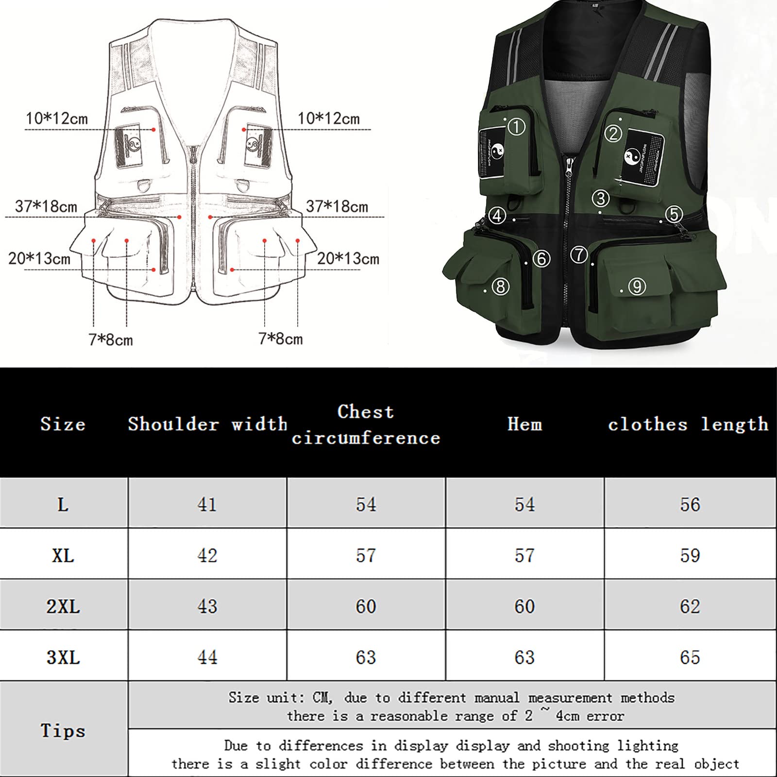 Fishing Vest Multi-Tasca with Mesh Back Gilet da Pesca a Mosca Strisce Riflettenti Outdoor Fotografi Vest per la Fotografia di Pesca in Campeggio Escursionismo