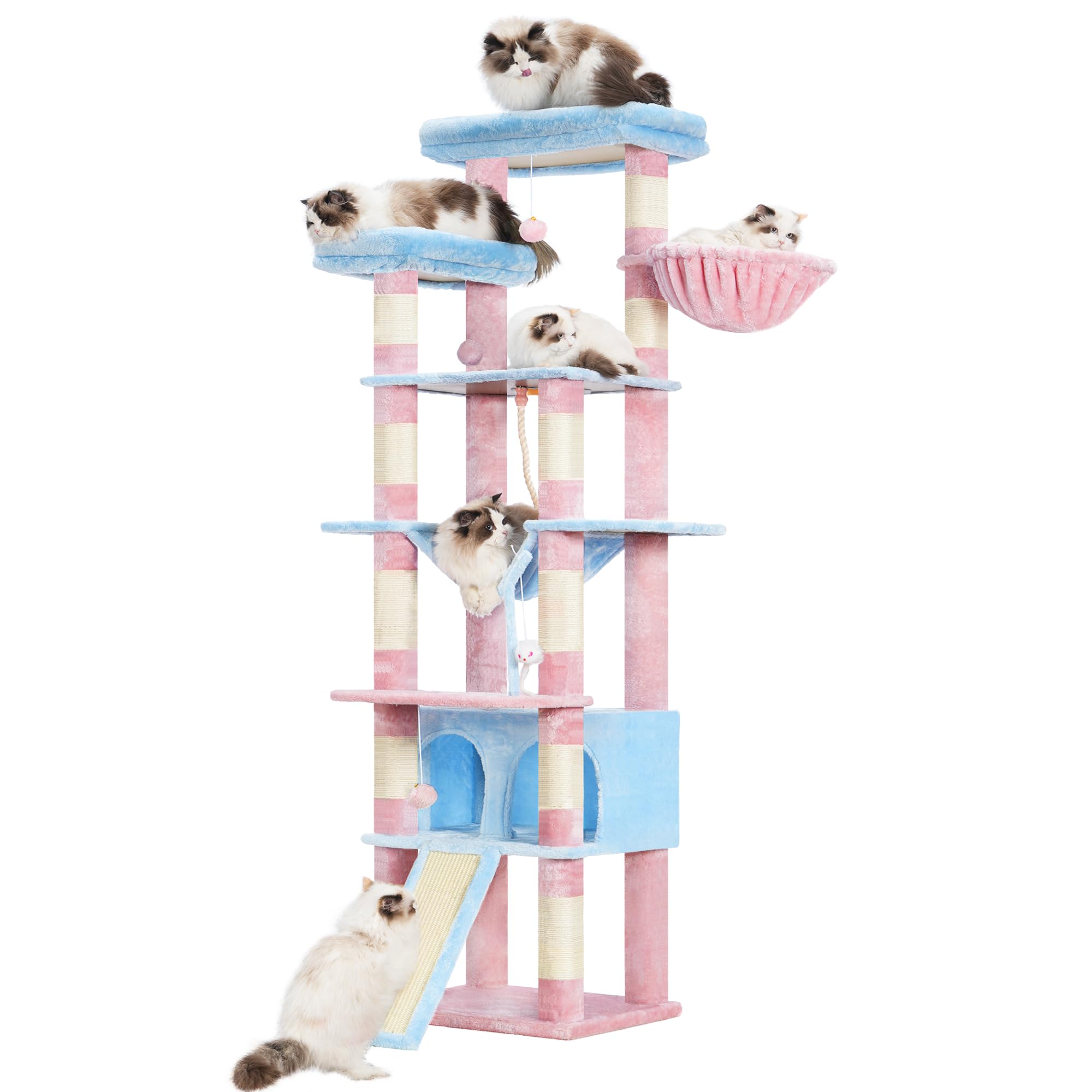 Heybly Tall Cat Tree,78 inch Multi-Level Cat Tower for Indoor Cats,2 Widened Plush Perches Cat Condo with Scratching Board and Big Caves,Blue and Pink HCT033BP