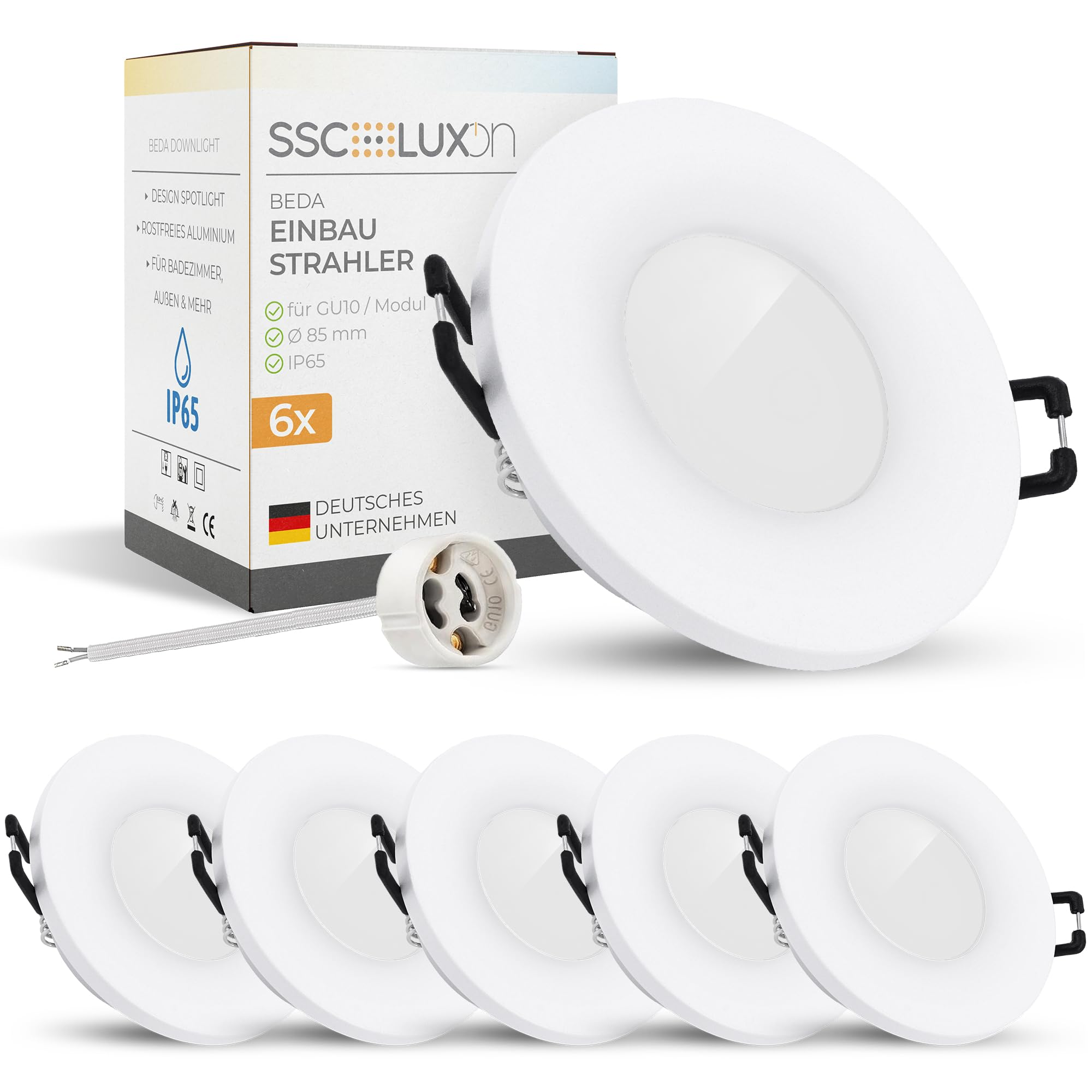 SSC-LUXon BEDA - Faretti da incasso per bagno, 6 pezzi, rotondi, bianchi, IP65, per GU10 | Sei faretti da soffitto rotondi bianchi per bagno, doccia e esterni, impermeabilità IP65, per GU10 o modulo (senza lampadina)