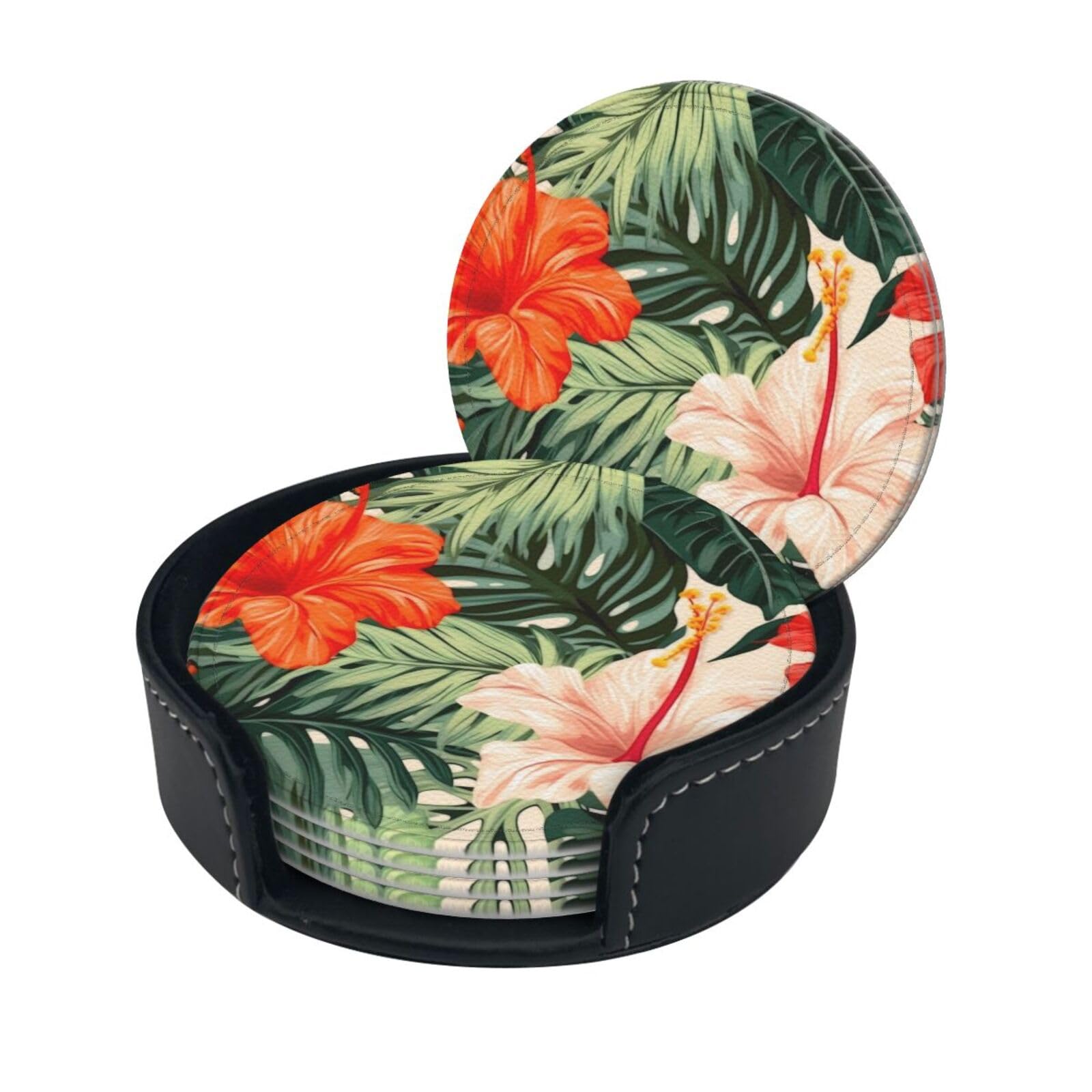 Smazdfxx Women's As Pic Stylish Coasters - Summer Hawaiian Set Of 6 Round Leather Drink Coasters With Holder - Perfect Size For Cups And Glasses