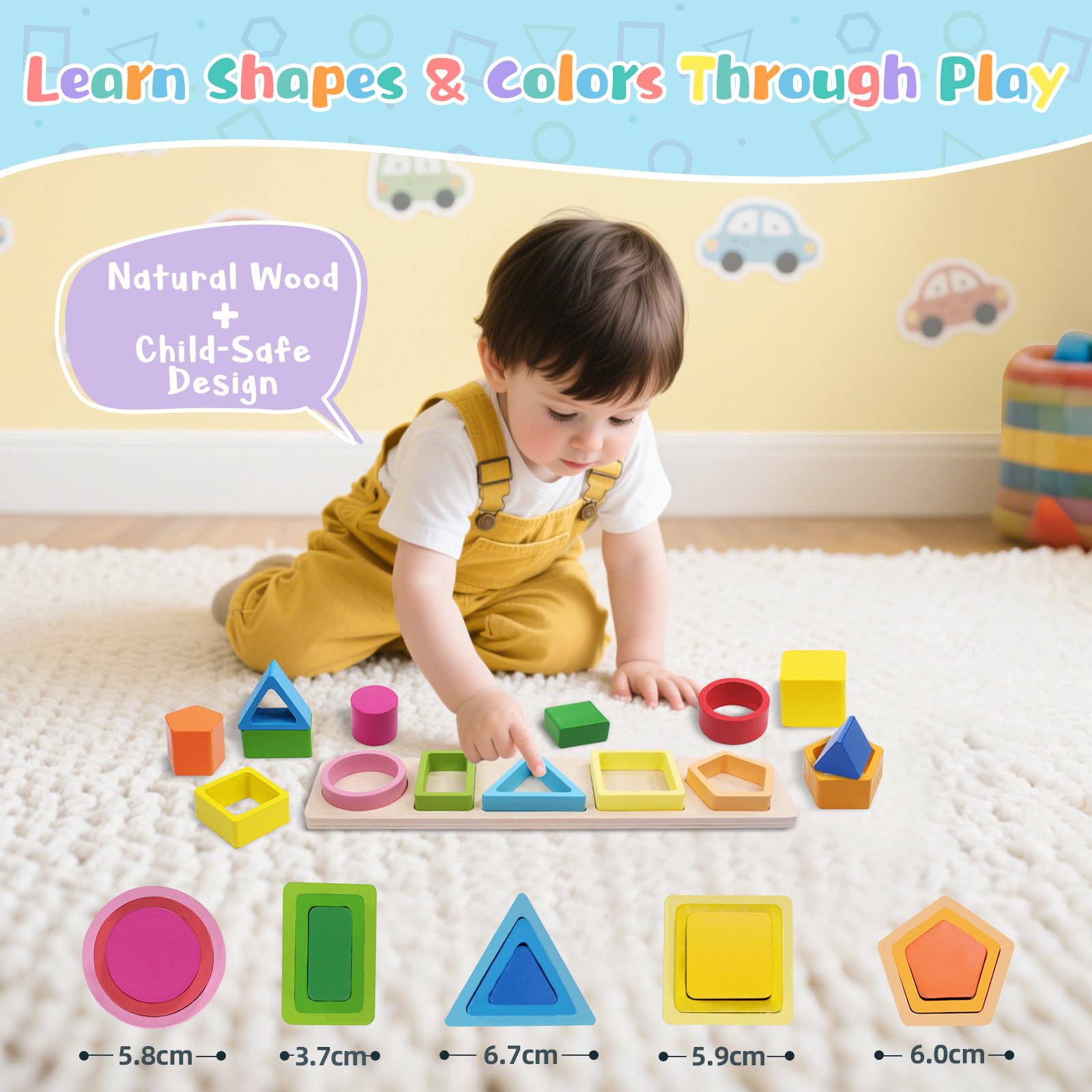 Kids Wooden Shape Sorting & Stacking Toys, Color Recognition Geometric Blocks Matching Puzzle - Image 3