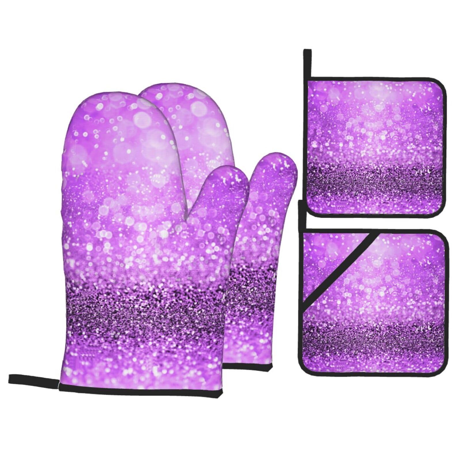 Sparkling Purple Glitter Print Stylish Heat-Resistant Oven 4-Piece Set Kitchen Gloves Roasting Daily Cooking