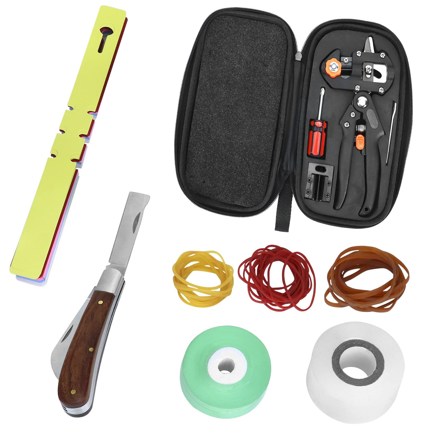 QWORK® Kit d'outils greffoir, Couteau de greffage et ciseaux de greffage avec 3 lames interchangeables et autres accessoires
