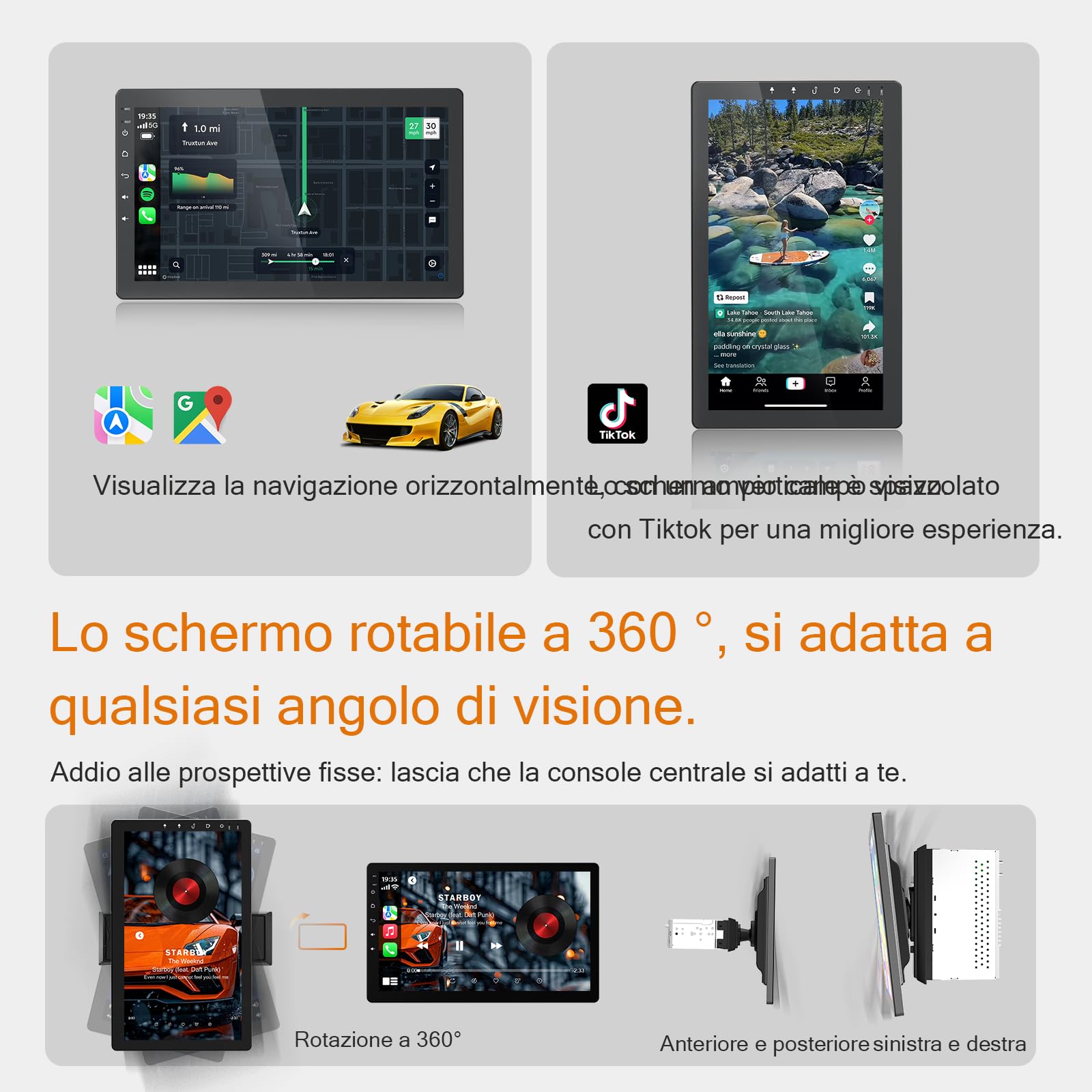 Haudio Girevole a 360° Autoradio 1 DIN Bluetooth con CarPlay & Android Auto,10.1 pollici girevole Touchscreen Lettore,con fotocamera di backup 1080P,Mirror Link,Bluetooth,AUX,RDS,FM/AM Radio