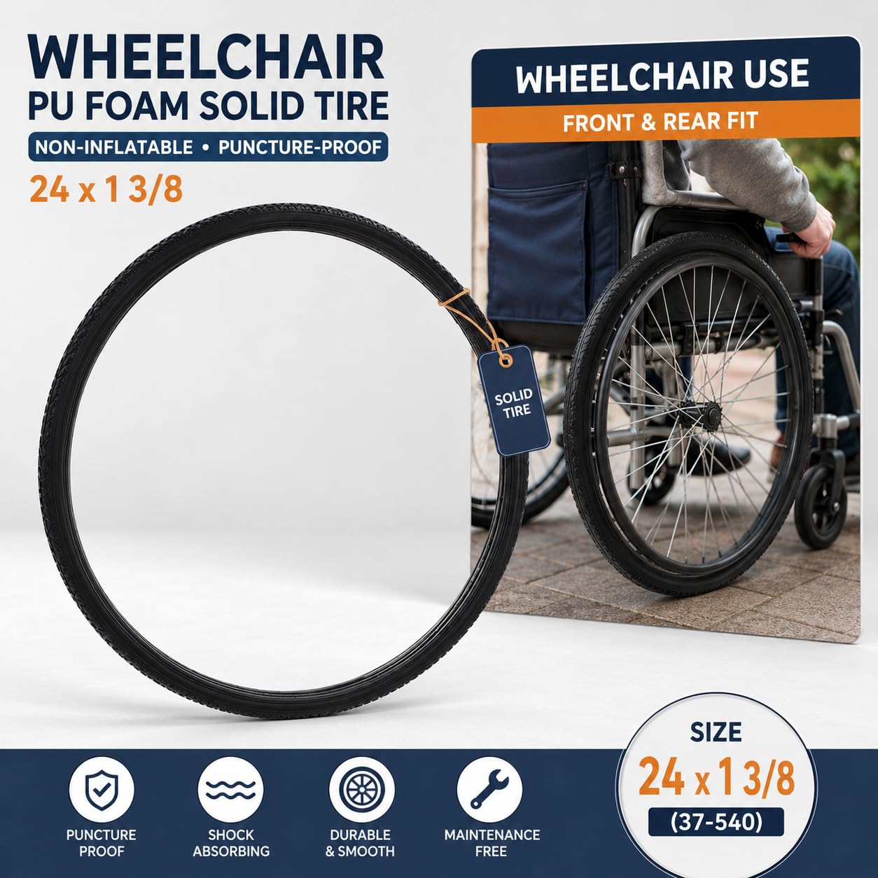 CLISPEED Neumáticos sólidos para silla de ruedas: no rayan neumáticos traseros para silla de ruedas compatibles con neumáticos de silla de ruedas de goma maciza 24x1 3/8, ruedas de repuesto grises