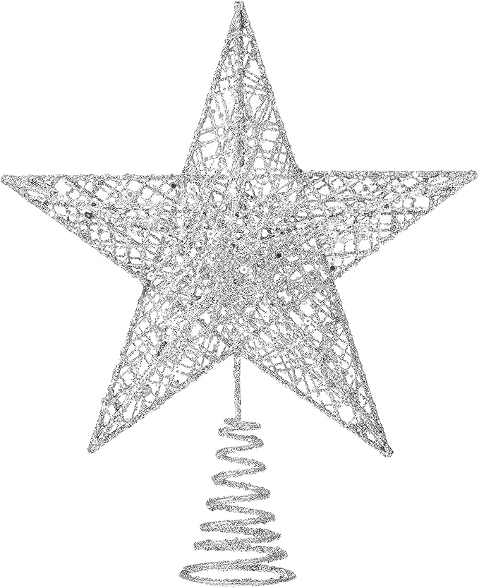 Christmas Tree Toppers Xmas Glitter Silver Hollow Star Treetop Topper for Christmas Tree Decoration
