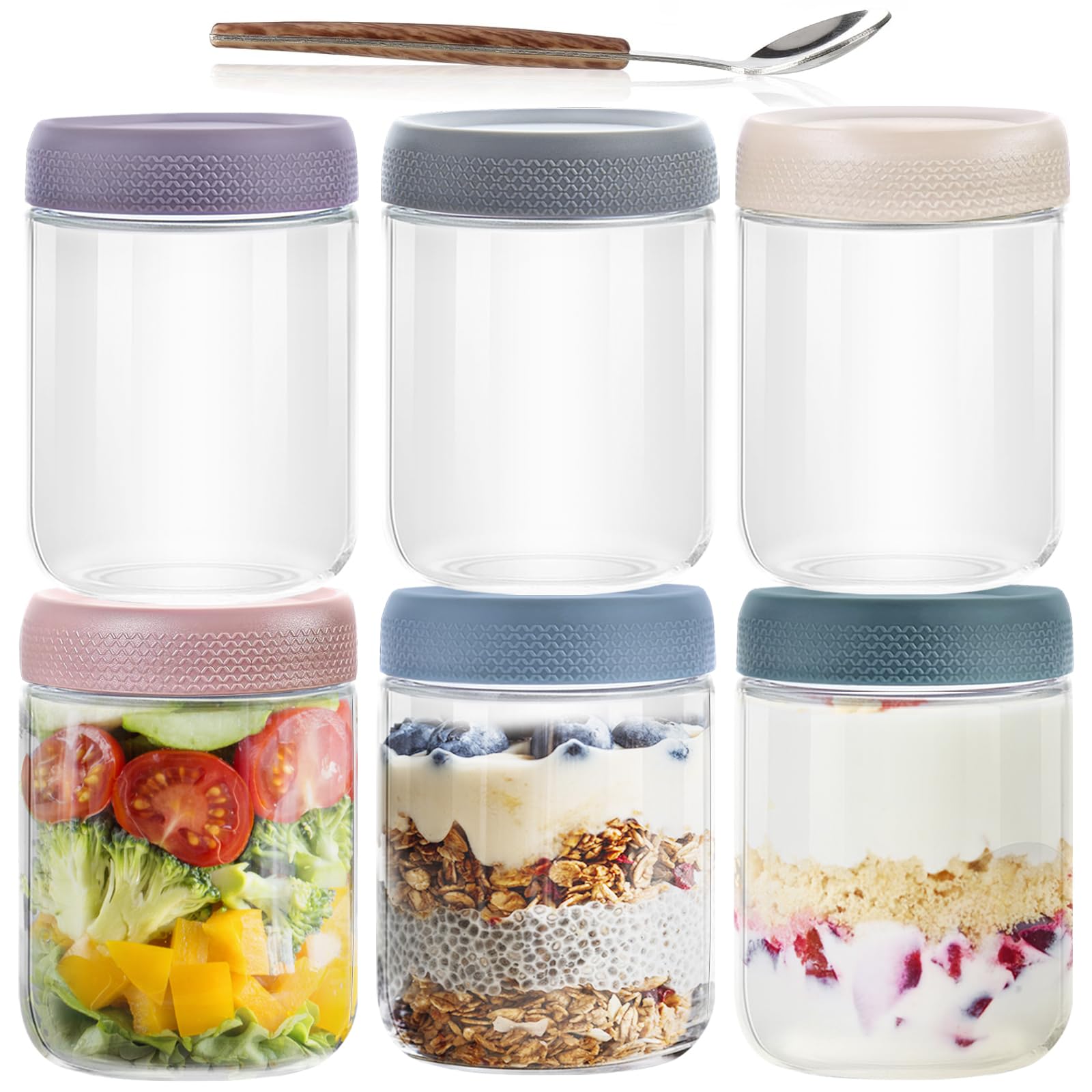 16 OZ Overnight Oats Jar,6 Pack Glass Jar with Lid and Spoon,Reusable Wide Mouth Mason jars for Overnight Oats,Yogurt Snacks Fruit, Salad Dressing, Sauce,Cereal-Leak Proof(500 ml)