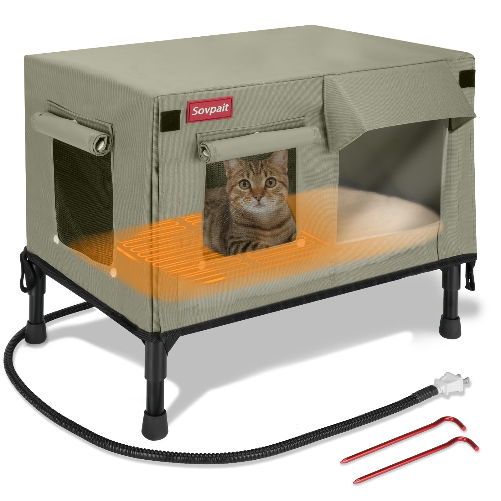 SOVPAIT Outdoor Heated Cat House, Nylon Waterproof Fabric, Strong Supporting Iron Pipe Kitty House Can Be Used Indoors,Winter,Summer,Outdoor Cat House