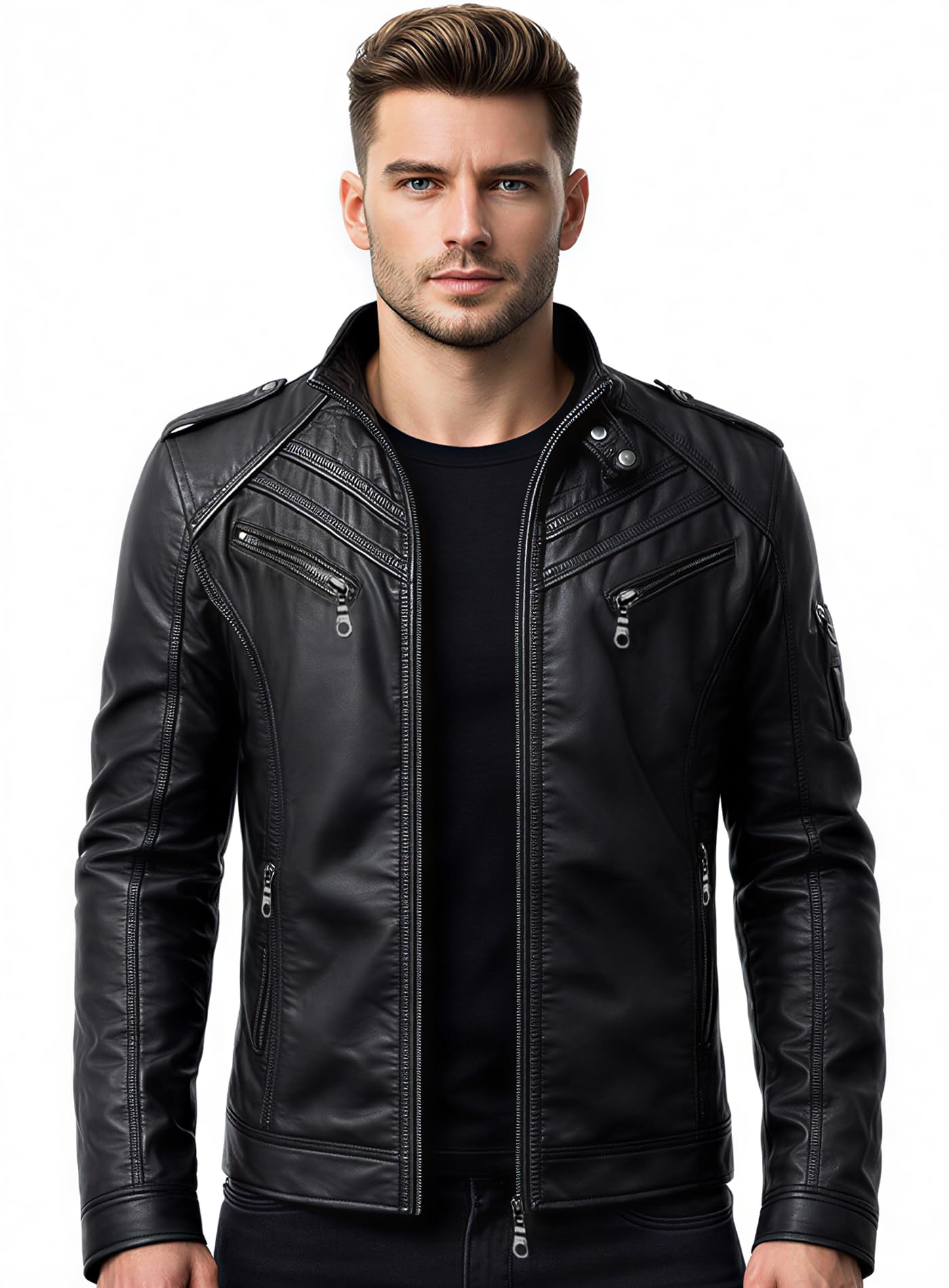 Rising Bloom Men's Black Leather Biker Jacket Casual Slim Fit Round Collar Multiple Pockets Vintage Motorbike Style Full Sleeves Bomber Jacket (As8, Alpha, Xx_l, Regular, Regular, Real Leather)