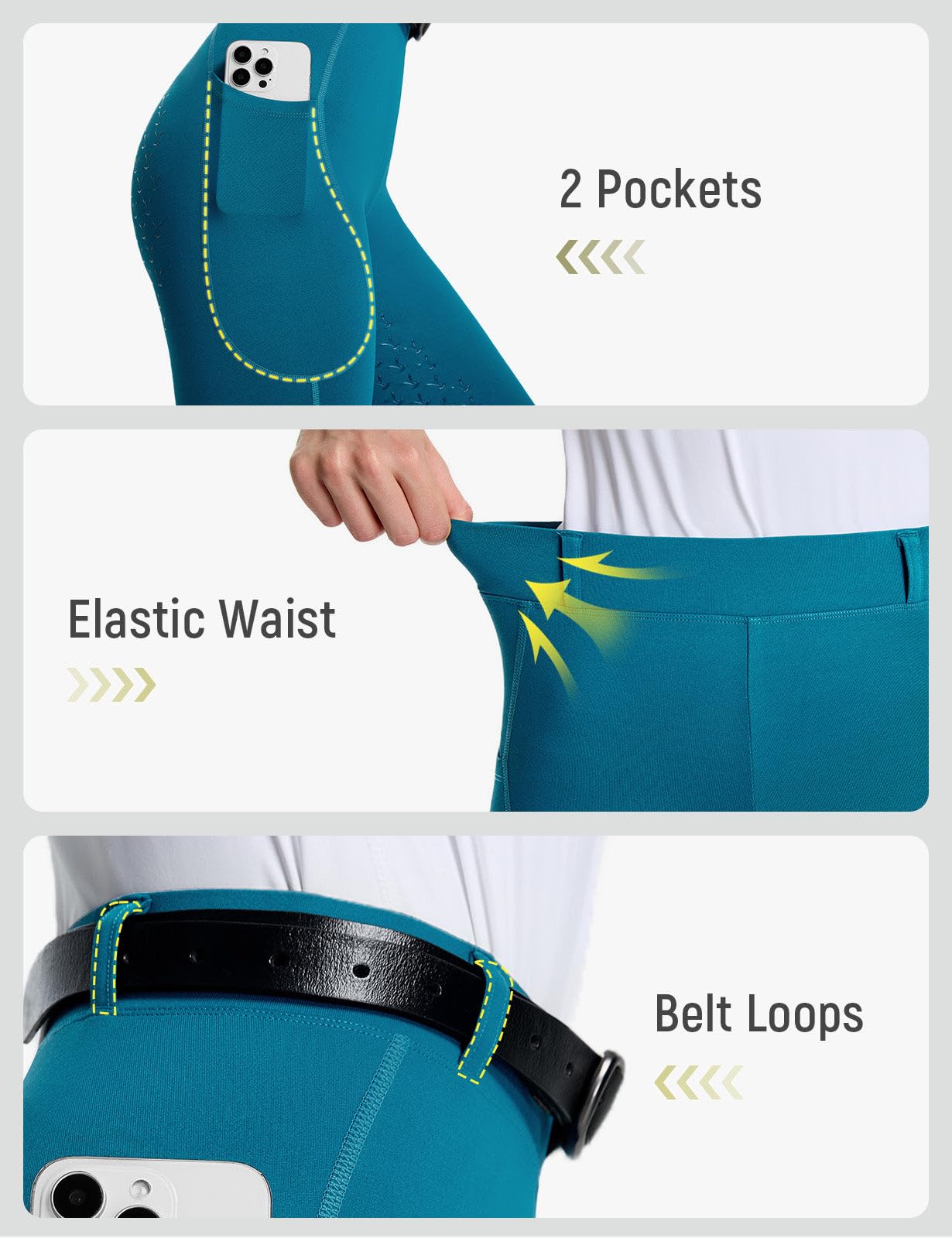 baleaf - Pantalón de equitación para mujer, cintura alta, elástico, leggings de silicona antideslizante integral, con bolsillos y trabillas de cinturón