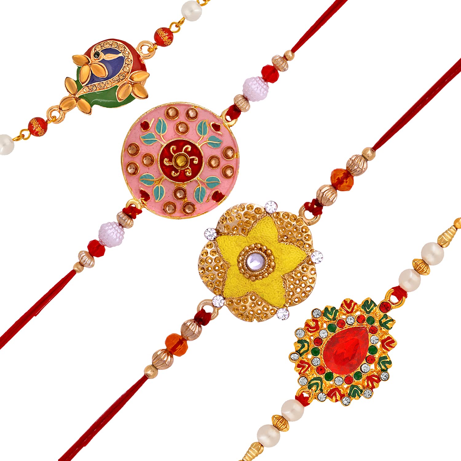 Mahi Designer Meenakari Work Rakhi Set - 4 Crystal & Pearl Rakhis For Brother (Rakshabandhan Gift) - View #10