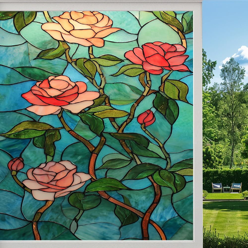 Pmlbaous Colorful Roses Stained Glass Window Film, Branch Flower Plant Peel And Stick Privacy Film, Frosted Adhesive Vinyl Decorative For Bathroom Windows Glass Doors, （80X140cm）