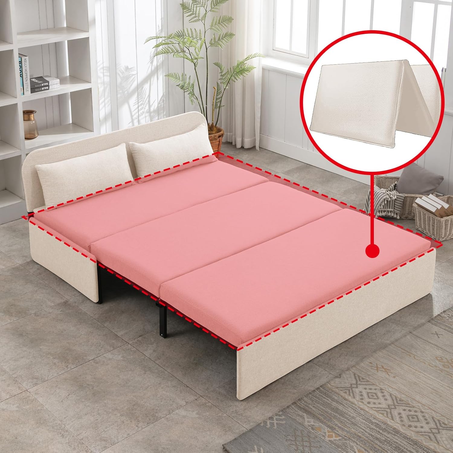 PUREMIND Twin Size Pull Out Sleeper Sofa Bed, Linen Convertible Sofa Bed with Foldable Mattress, Loveseat Couch Pull Out Bed with 2 Cushions for Small Place, Apartment, Office Beige