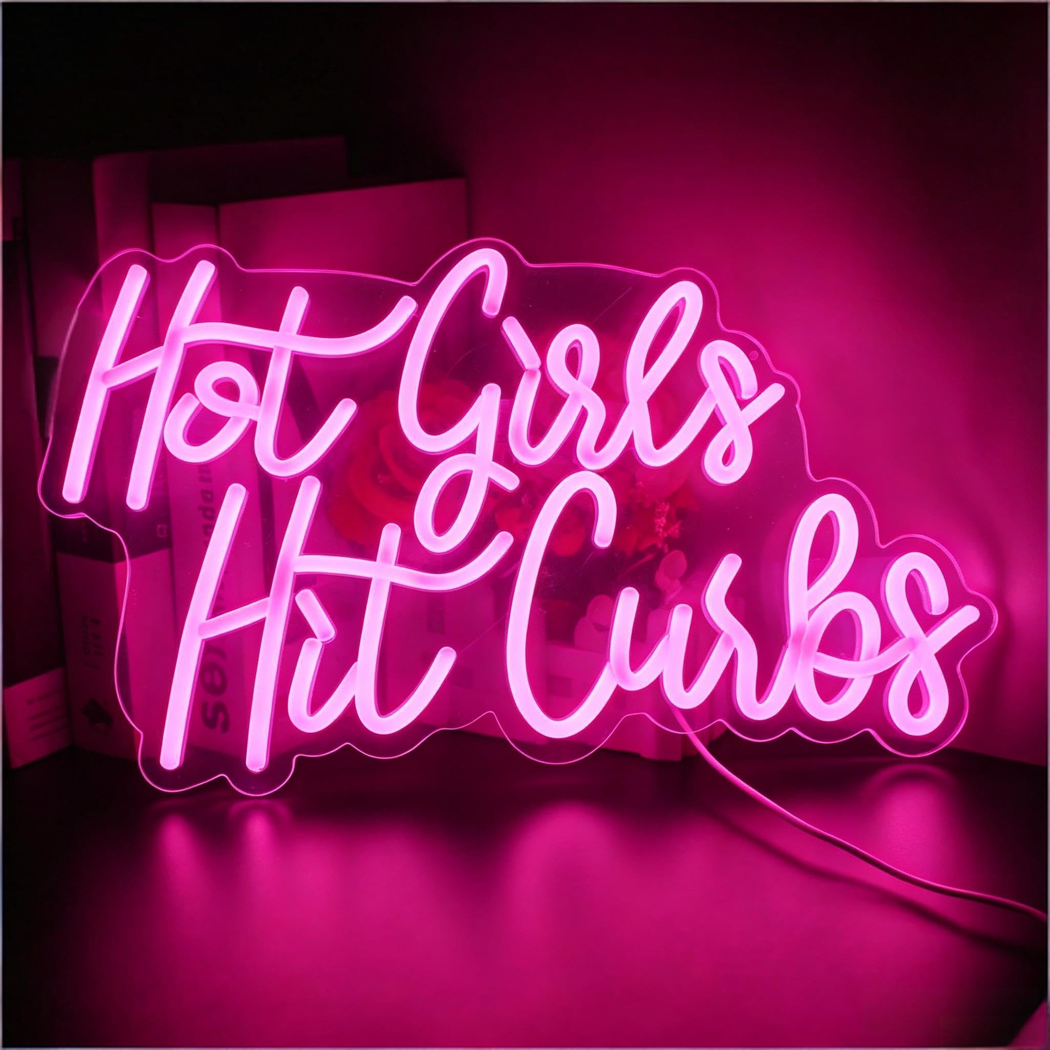 Hot Girls Hit Curbs Neon Sign, USB Powered Dimmable Decorative Neon Light for Home Bedroom Girls Room Living Room Wall Table Decor 15 x 11 In