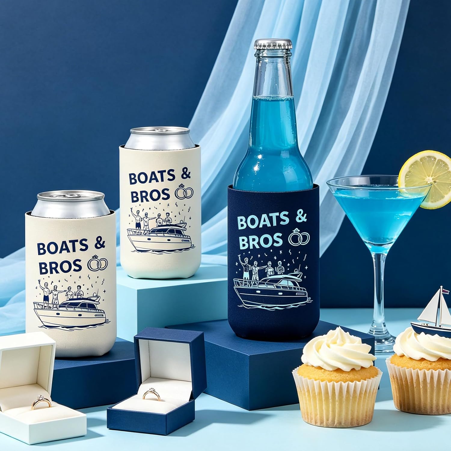 TWO WILD Boats & Bros Bachelor Can Coolers 12pcs Neoprene Boat Party Decorations for Man Bachelorette Celebration Drinks Boat-Themed Party Supplies Cup Sleeves in Blue and Beige