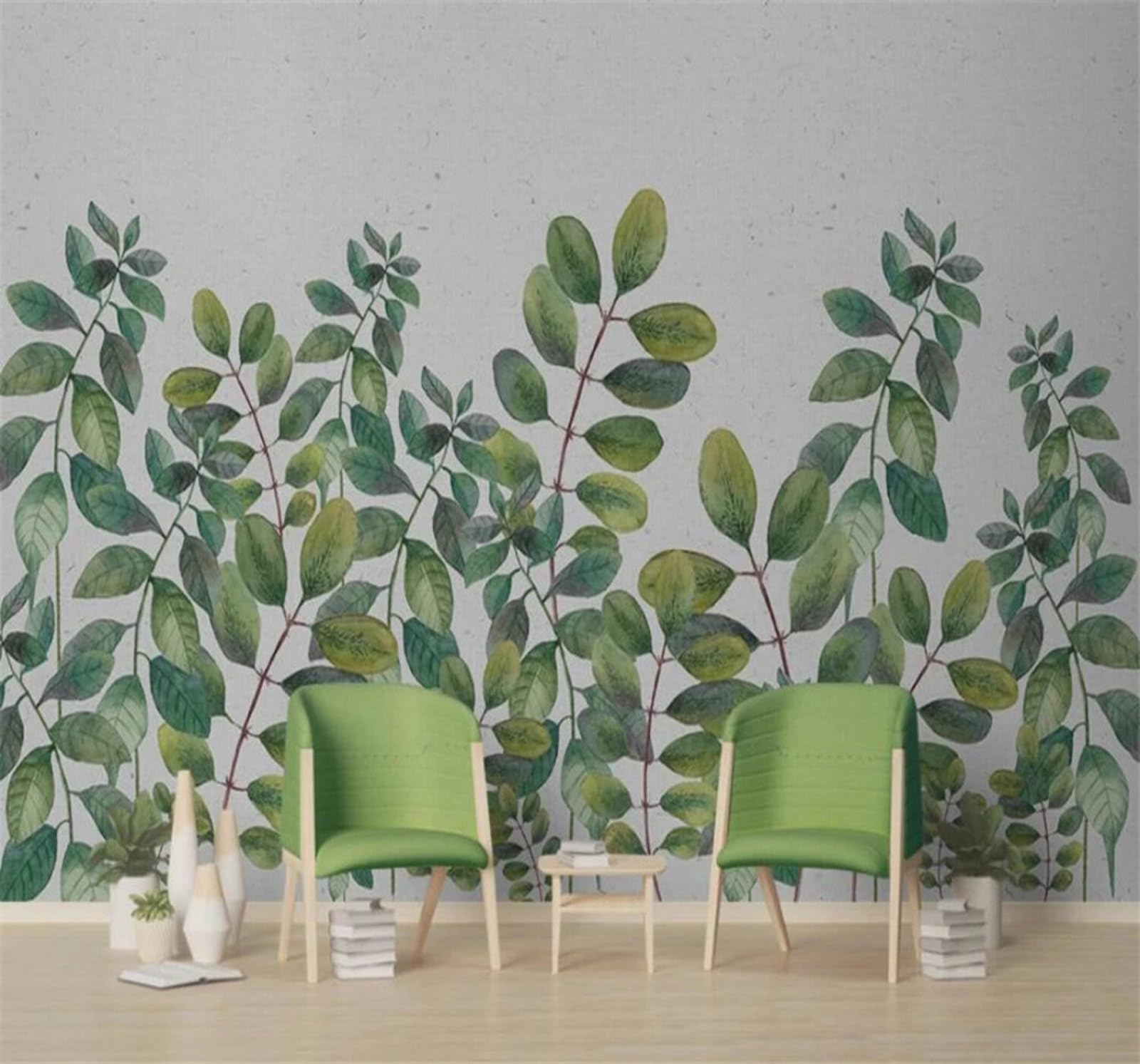 Minimalist Fresh Hand Drawn Watercolour Green Leaves 3D Wallpaper Easy Install Feature Office Living Room Sofa Bedroom TV Background Wall Decoration-350cm×256cm