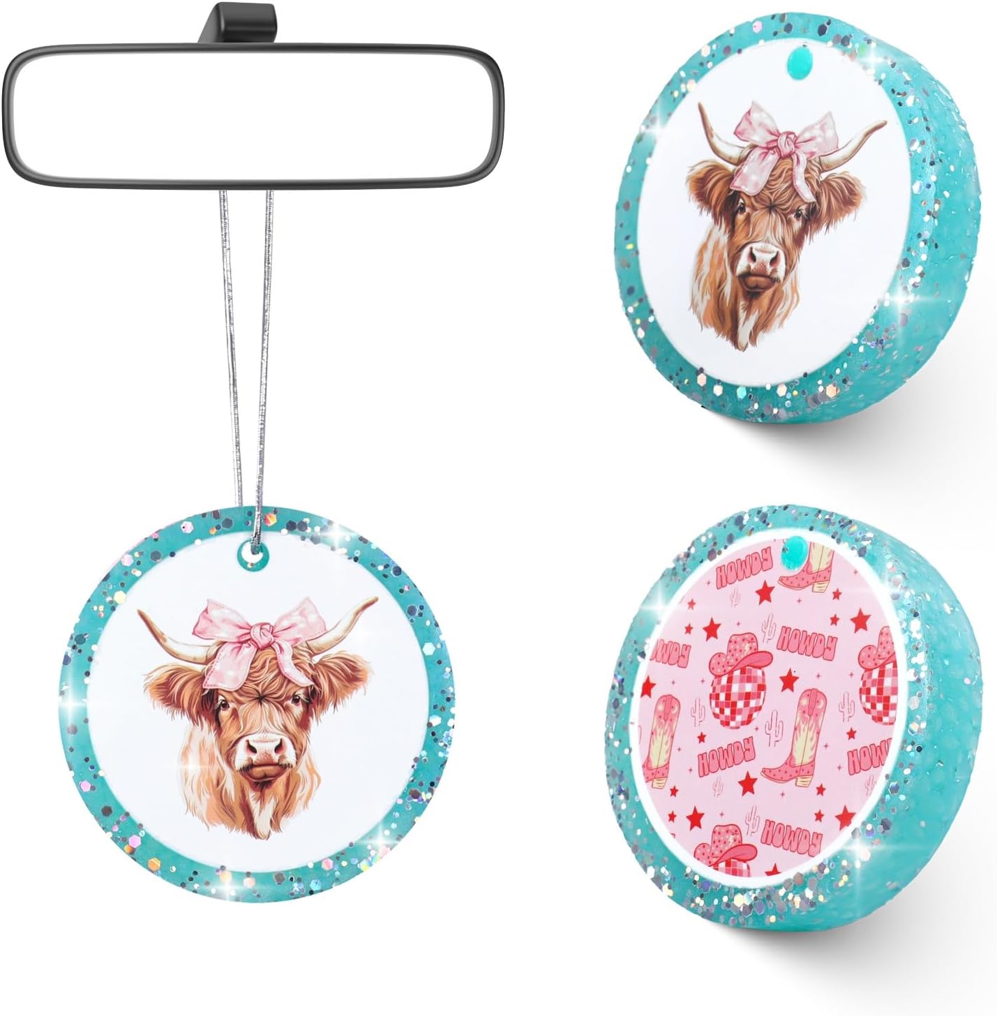 MUBYOK 2 Pack Handmade Car Air Freshener Hanging, Cute Car Freshie with Glitter, Christmas Gifts Car Accessories for Women Girl Cars Home Decor (Blue, Round)