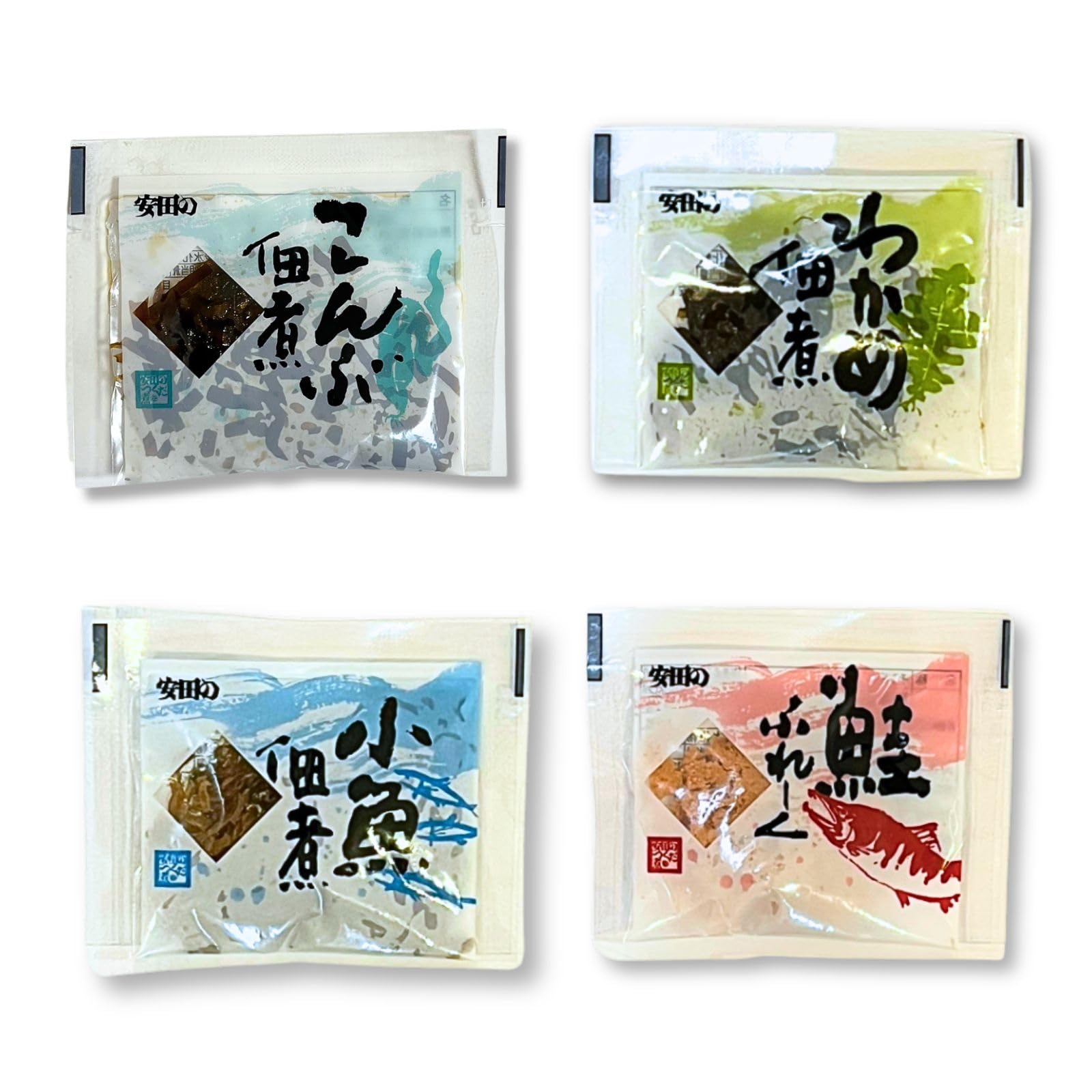個食パック 4種アソートセット 【各5個 計20食 佃煮(わかめ・こんぶ・小魚)、鮭ふれーく】 小分け ご飯のお供 小袋 便利 食べきり 朝食 おにぎり 具 弁当 防災食 業務用 旅館 外食 介護食 給食 病院食 ホテル 安田食品工業