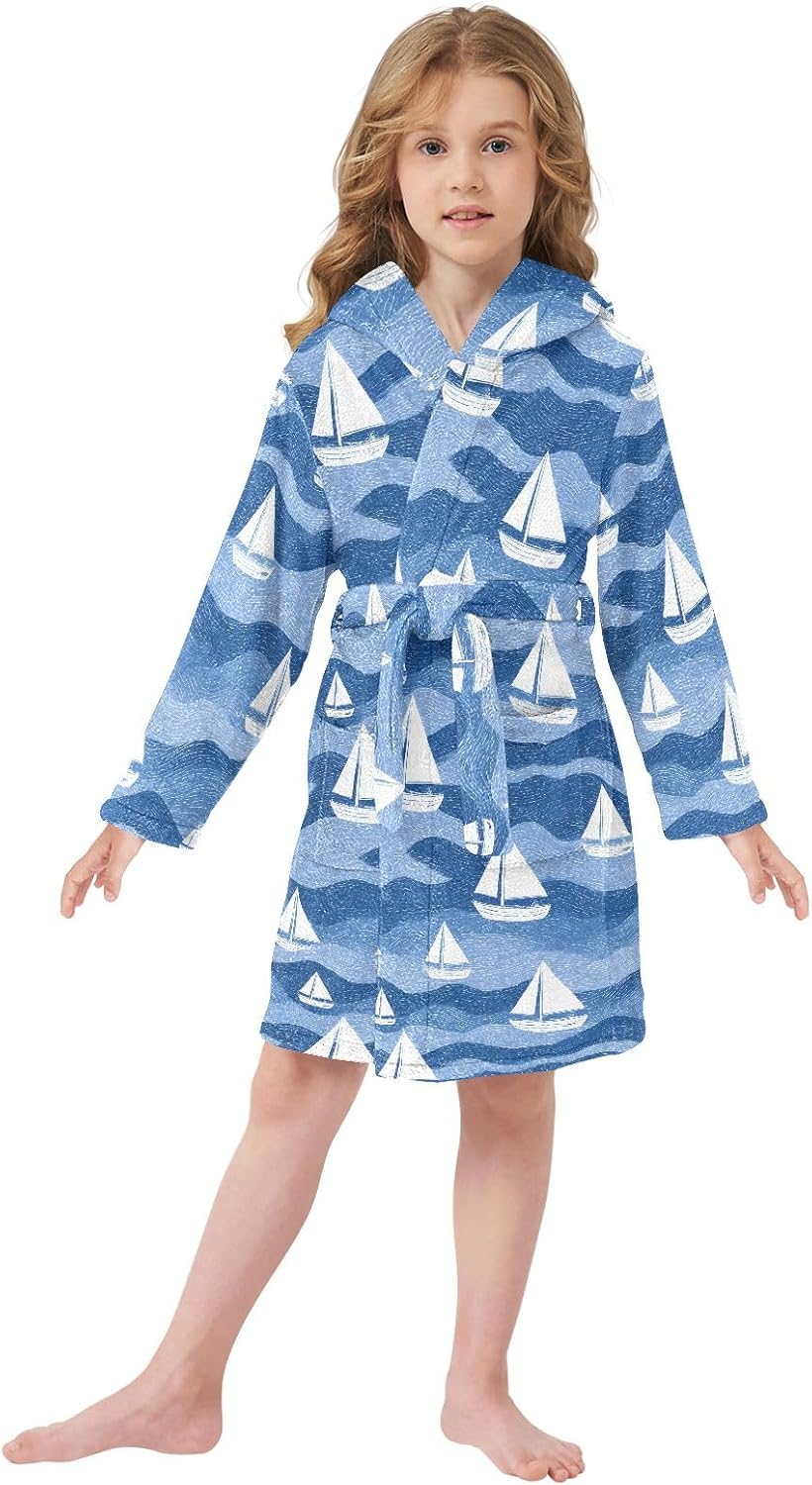 White Boat Pattern Toddler Hooded Bathrobe for Boys Girls Soft Plush Bath Towel Robe 2-12 Years