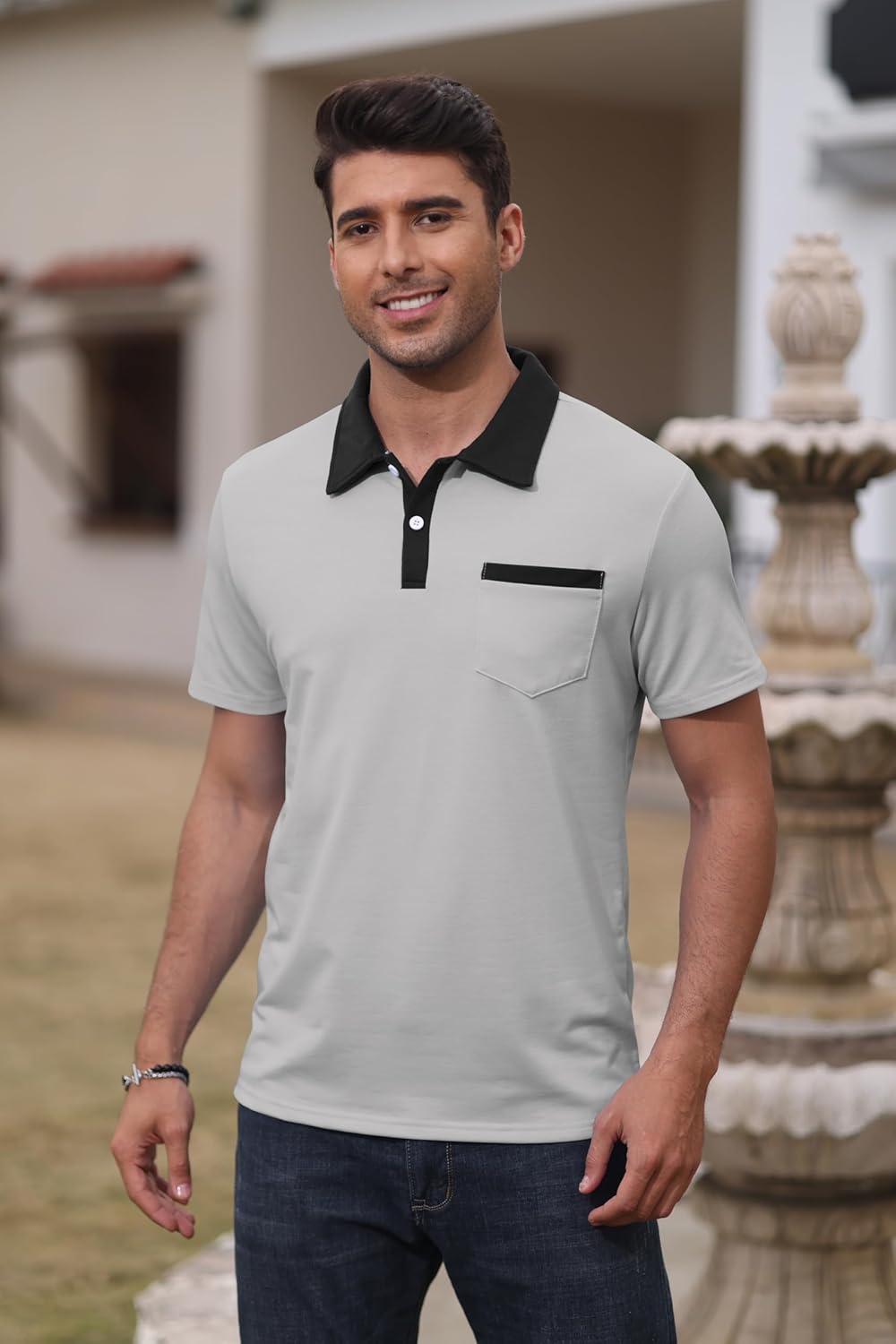 Mens Short Sleeve Polo Shirts Casual Summer Button Basic Shirt Classic Golf Fashion Tops with Pocket