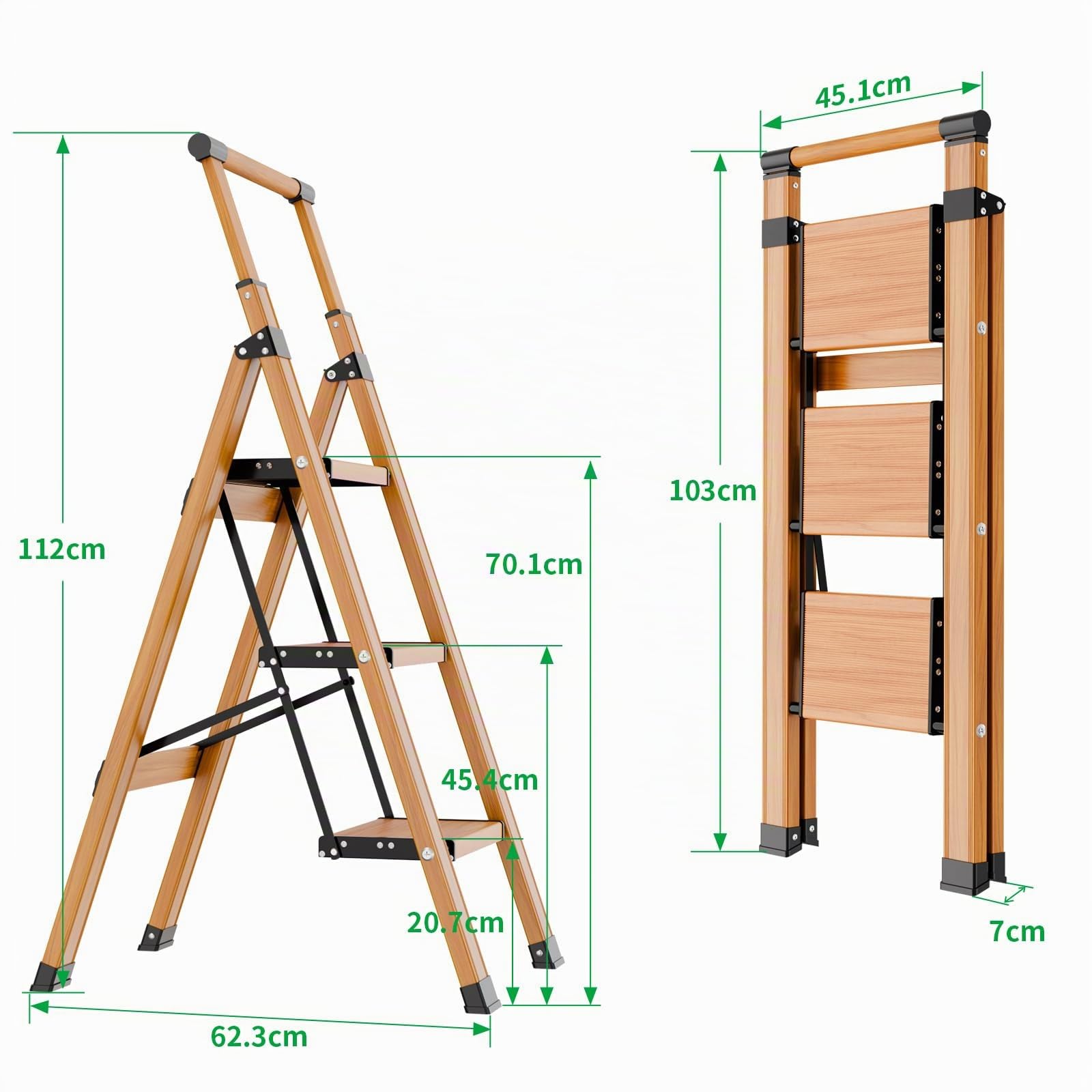 KULACO Escalera Plegable de 3 peldaños con barandilla, Aluminio Antideslizante Extra Ancho, Acabado Madera, Carga máx. 150 kg para Cocina, hogar y Garaje