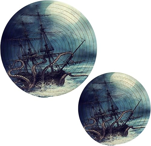 Kigai Barco pirata redondo salvamanteles de algodón, almohadillas calientes de algodón puro elegante posavasos para bohemio, granja, decoración de