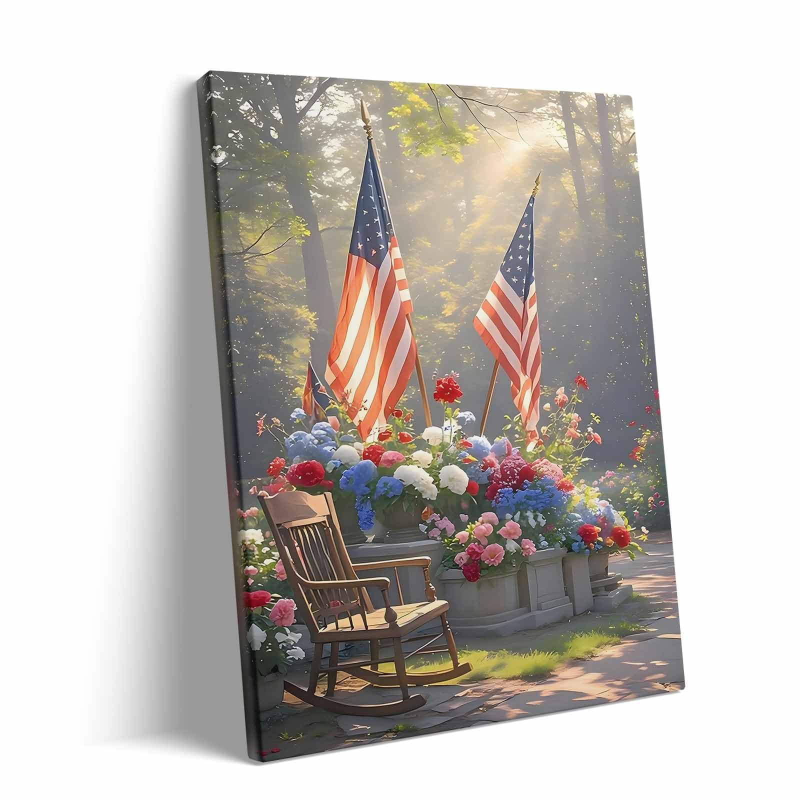 Sunwes Memorial Day Canvas Wall Art, American Flag Rocking Chair and Morning Sunlight with Patriotic Flowers Print, Veterans Day Remembrance Wall Painting for Porch or Living Room 24x30inch