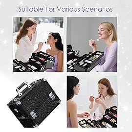 Joligrace Makeup Train Case Large 6 Tray Professional Organizer Box - Cosmetic Make Up Carrier with Lock & Key Carrying Strap for Studio Artist & Stylist Black Rhinestone