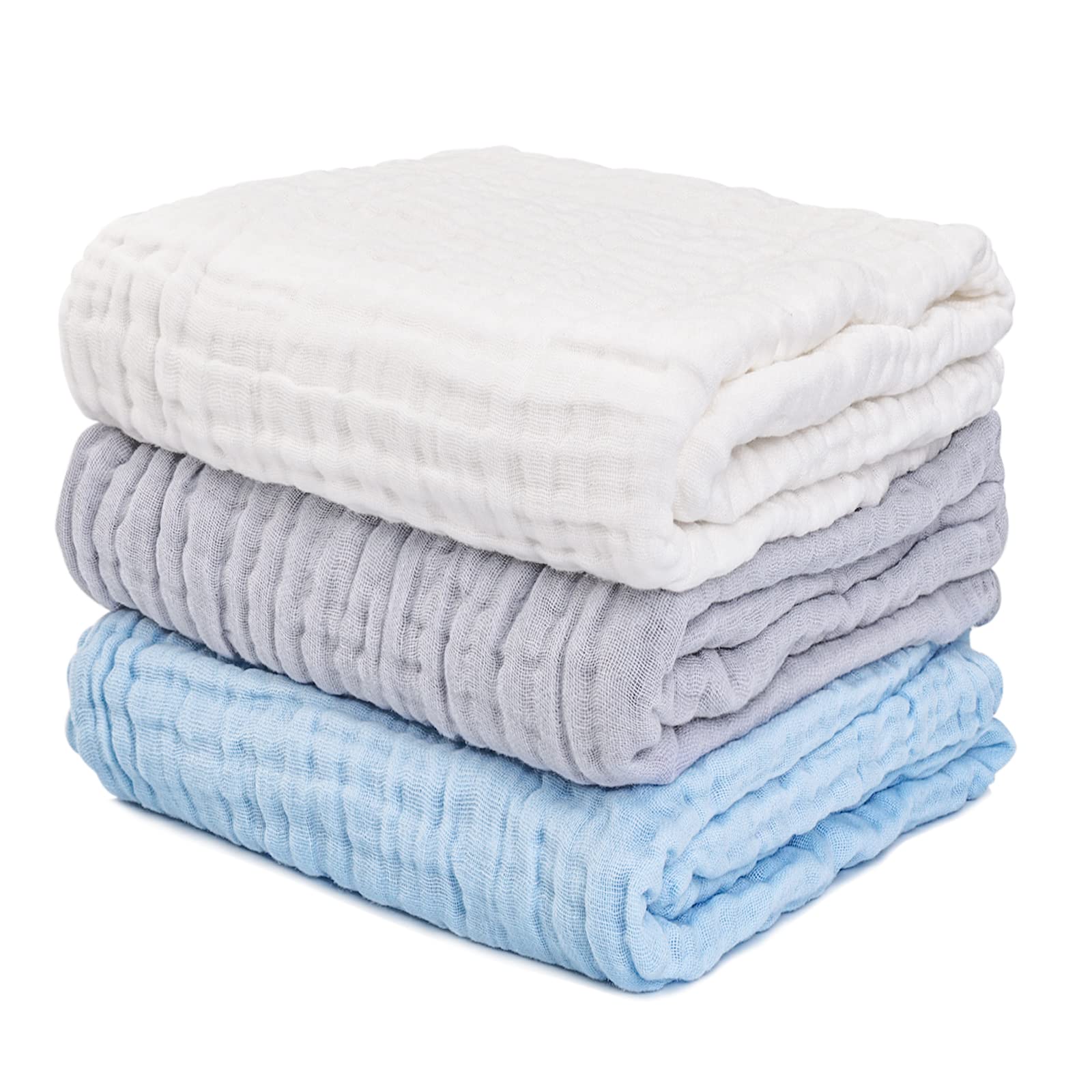 Muslin Baby Bath Towels Set 3Pack Ultra Soft and Absorbent Baby Towels Infant Toddler Blanket 6-Layer Natural Cotton Suitable for Girl Boy 40 * 40inches (White & Blue & Grey)