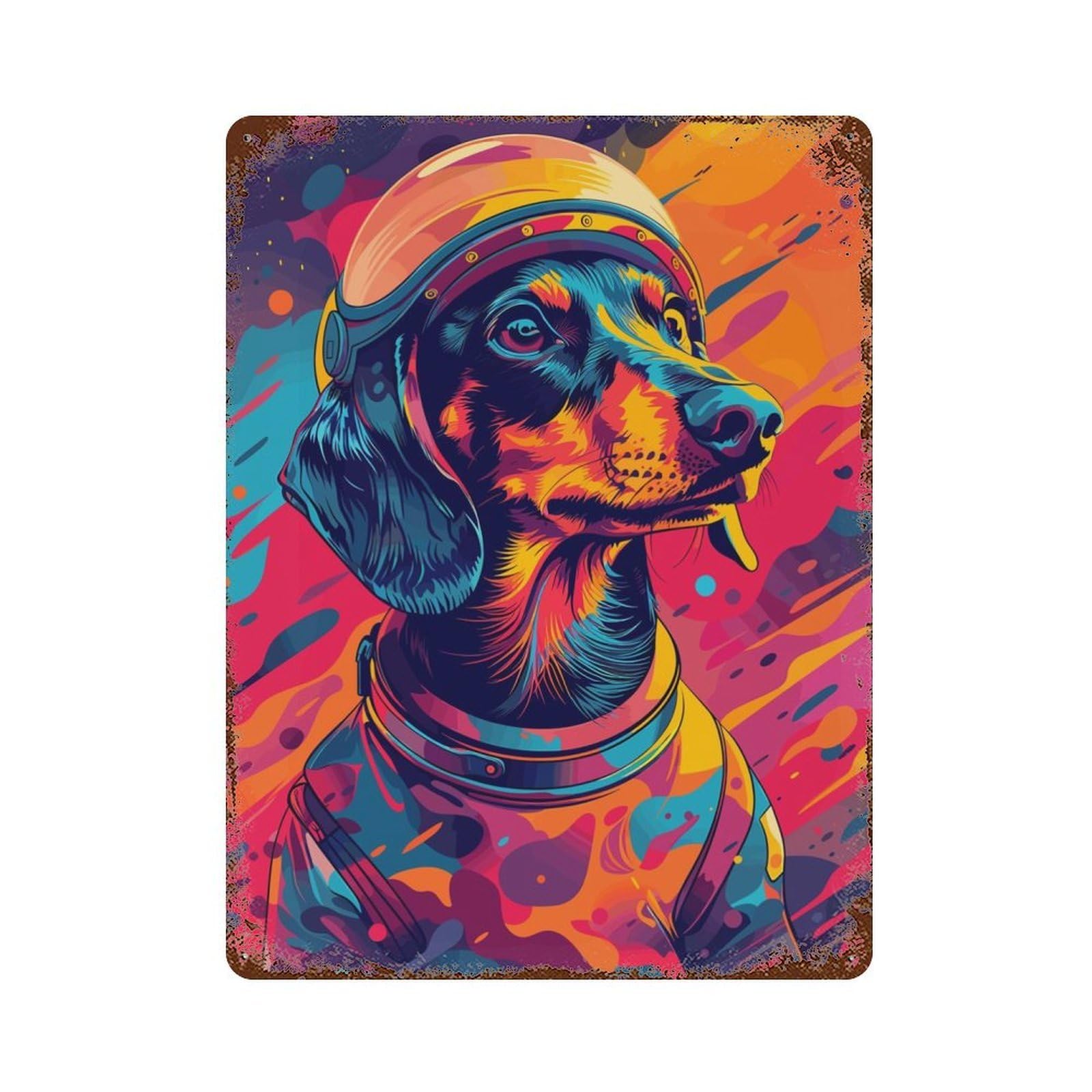 Dachshund Astronaut Space 15.7"x11.8" Aged Metal Wall Plaque, Retro Wall Decor for Farmhouse, Kitchen And Entryway Decor