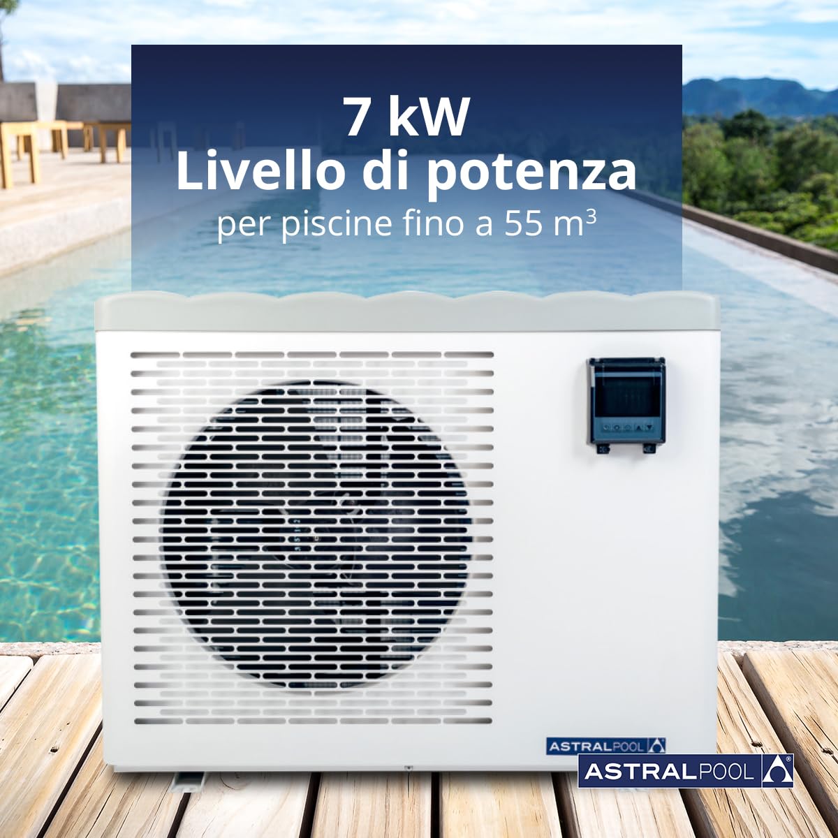 Eco Elyo-09 76559 Pompa di calore per piscina - Riscaldatore per piscina - Temperatura dell'acqua ideale - 6 livelli di potenza - Riscaldamento silenzioso ed energetico - 7 kW - Astralpool