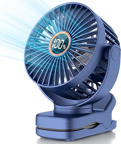 Miniatura 8 de Mini ventilador con clip, ventilador de escritorio a pilas, pantalla digital, 3 velocidades ajustables, bidireccional ajustable de 360 °, viento