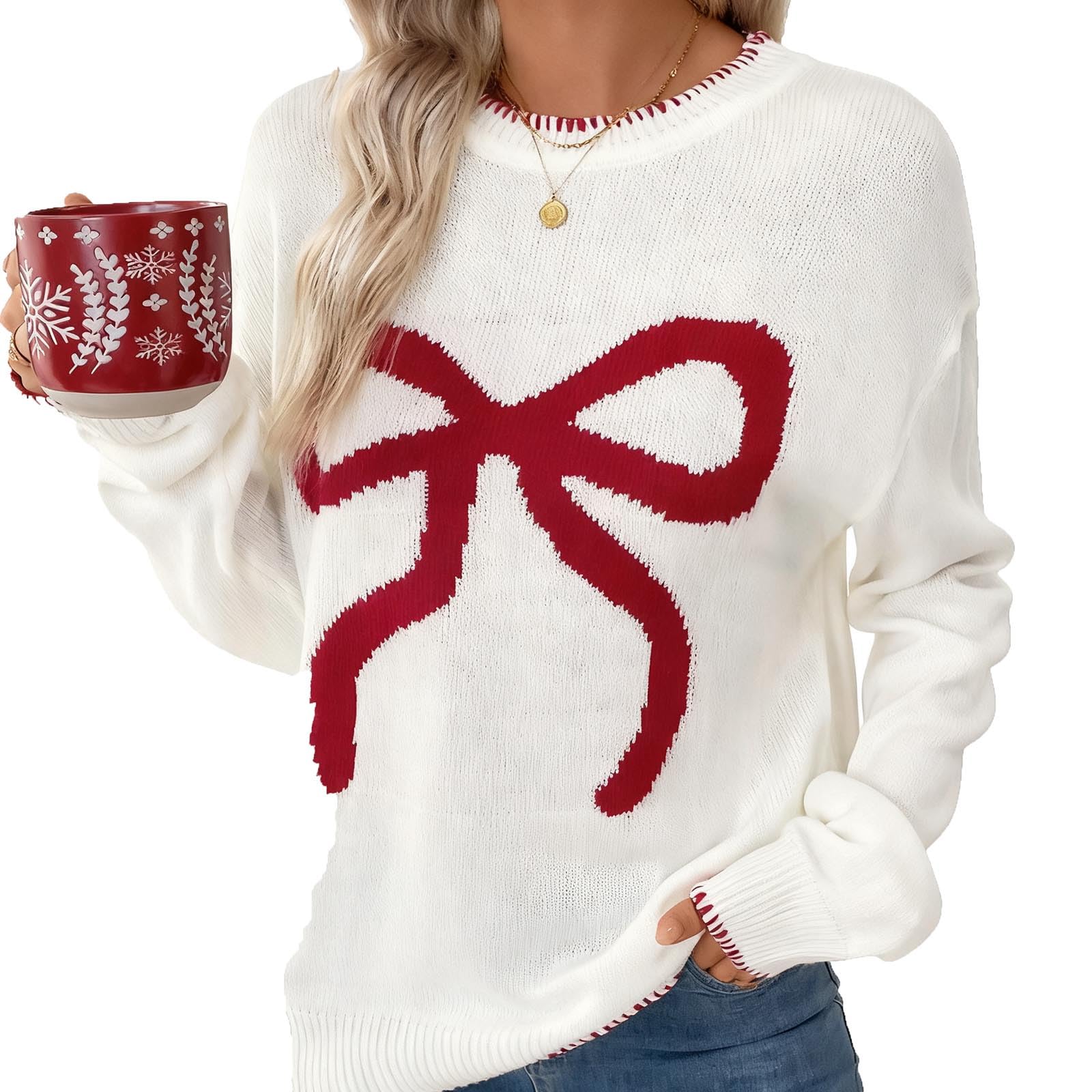 Sweaters for Women Cute Bow Graphic Long Sleeve Soft Pullover Sweater Casual Loose Crew Neck Lightweight Tops Clothes