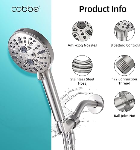 Miniatura 5 de Cobbe Cabezal de ducha de mano con filtro, cabezal de ducha de alta presión con 9 modos de pulverización, lavado de energía integrado con manguera,