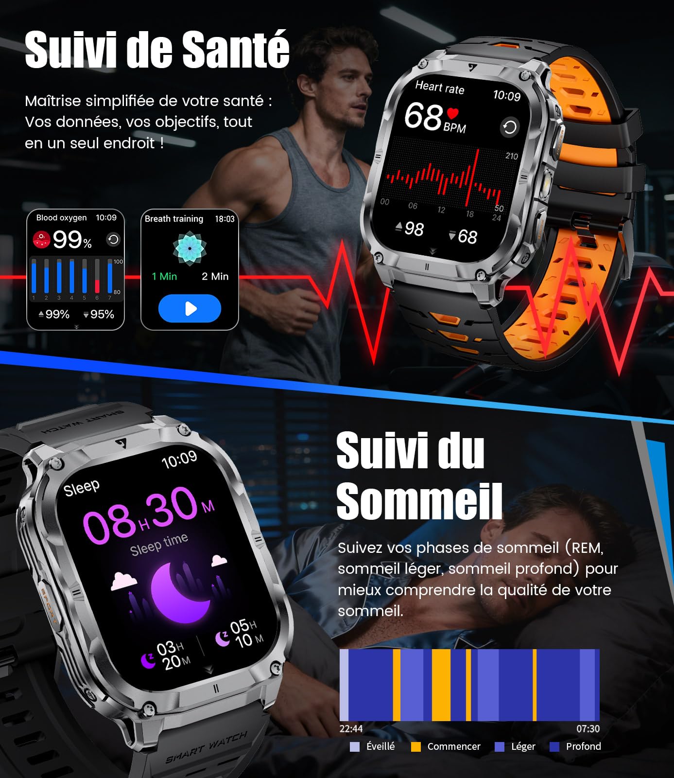 Militaire Montre Connectée Homme, Appel Bluetooth, 2.0" HD Grand Écran Smartwatch avec Torche LED/Batterie 1000mAh/Fitness Tracker/100+ Modes Sportifs, 2 Câbles de Chargement, Android iOS, Noir-orange