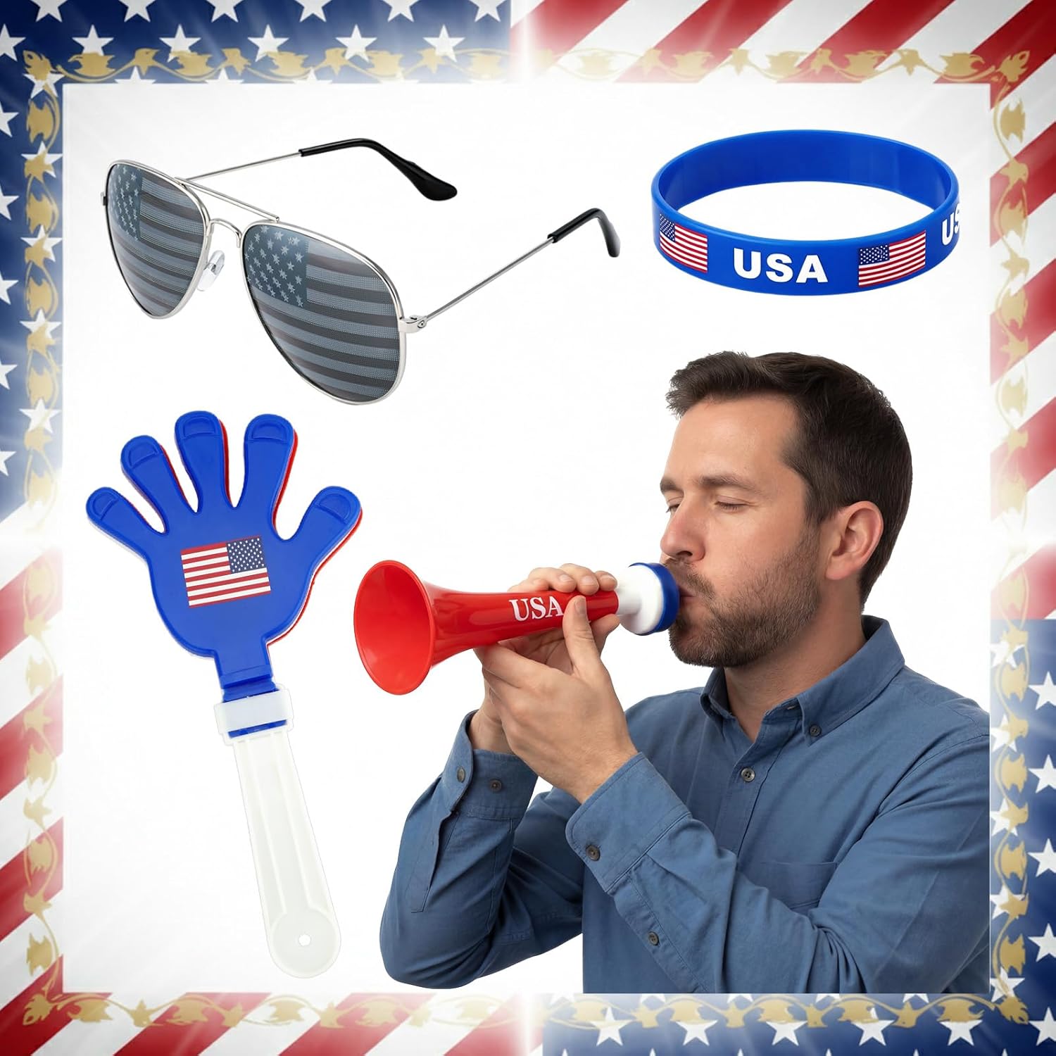 Mepase 6 Pcs Patriotic Costume American Flag Cape USA for Soccer Sport 250th Events Red White Blue Cape Cloak, Scarf, Glasses, Bracelet, Trumpet Horn, Hand Clapper for 4th of July Day