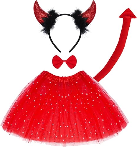 Halloween Devil Costume Tutu Set Devil Horn Headband Tail Bowtie Tutu Skirt Demon Cosplay Dress Up Party Prop