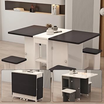 Folding Dining Table, Extendable Dining Table, With Storage Shelves&Space Saving Drop Leaf Table, Extendable Foldable Dining Room Table Seats 2-6, Sturdy Wood Top(Black,140cm)