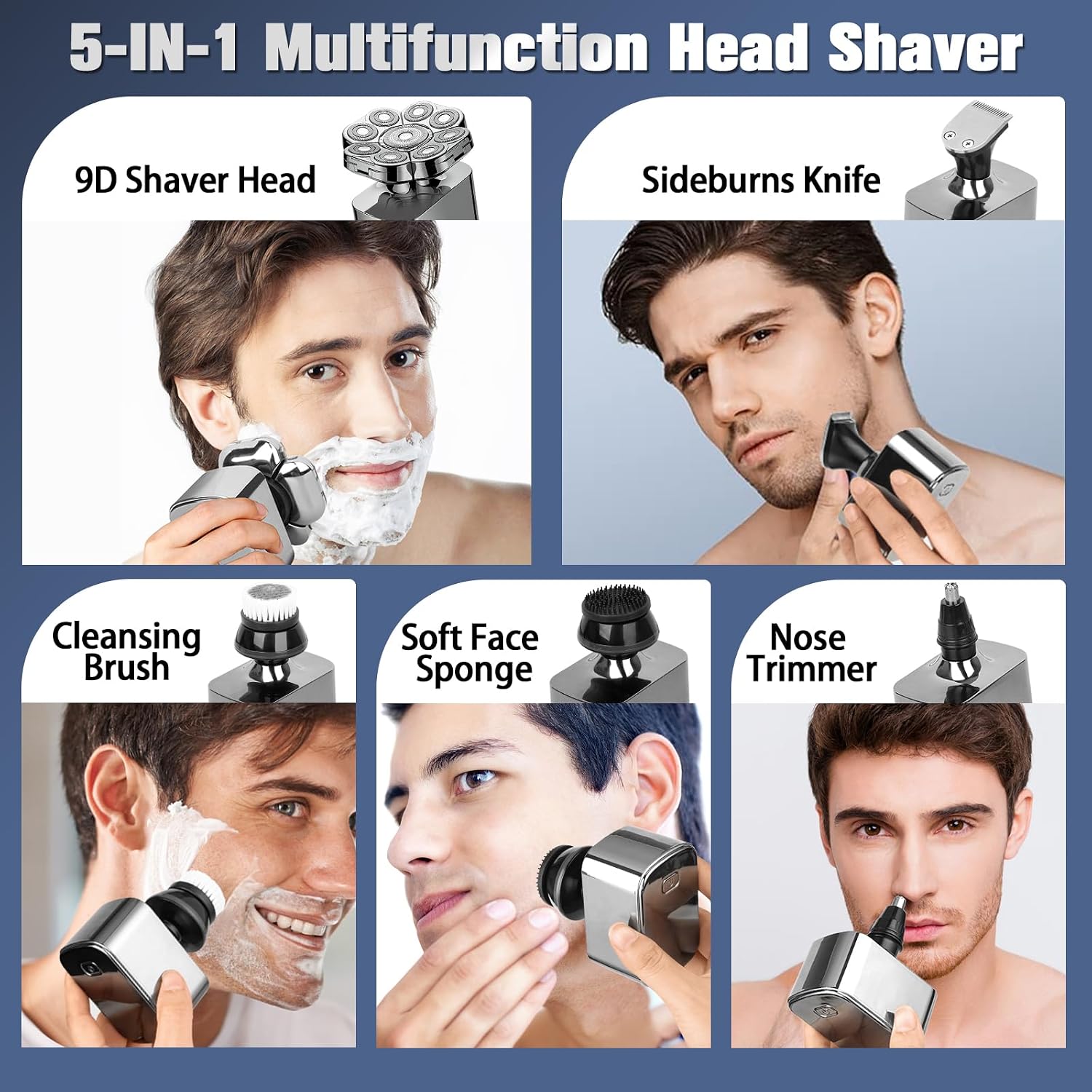 9D Electric Head Shavers for Bald Men, Detachable Bald Head Shavers for Men, 5-in-1 Mens Grooming Kit,Wet/Dry LED Display,Travel Lock Cordless Rechargeable, Electric Razor with Type-C Charge