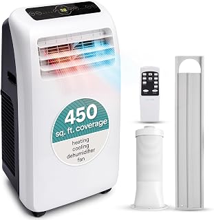 SereneLife Portable Air Conditioner With Heat & Built-in Dehumidifier 10,000 BTU, Portable Heater & AC For Rooms up to 450 Sq Ft - Remote Control & Window Mount Exhaust Kit Included