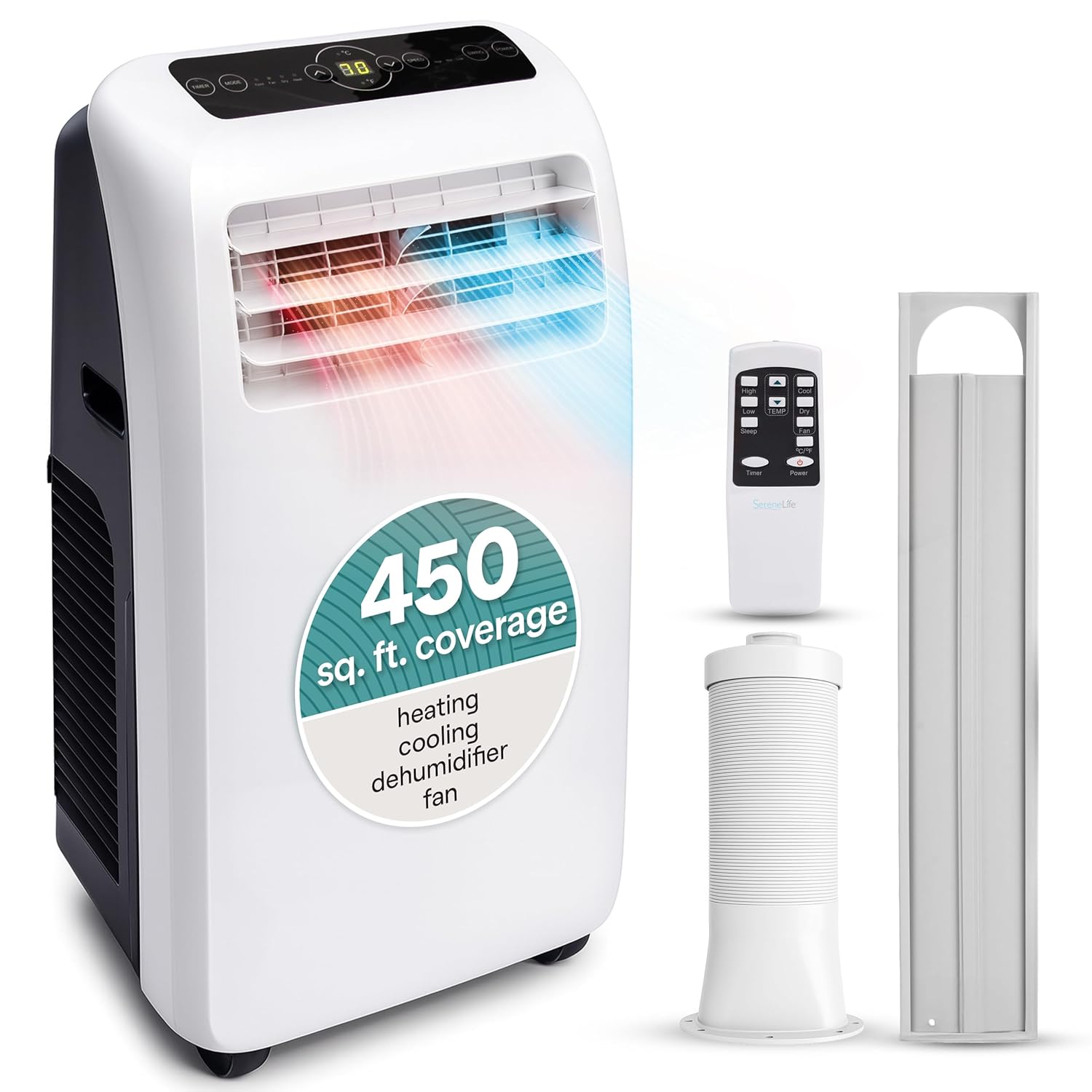 SereneLife Portable Air Conditioner With Heat Built-in Dehumidifier 10 000 BTU Portable Heater AC For Rooms up to